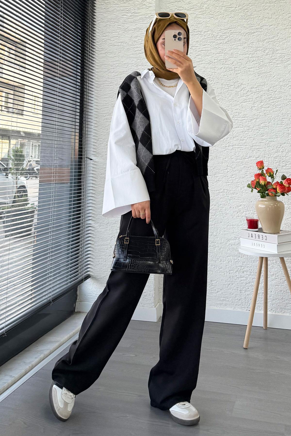 Önü Bağcıklı Yüksek Bel Palazzo Pantolon – Siyah