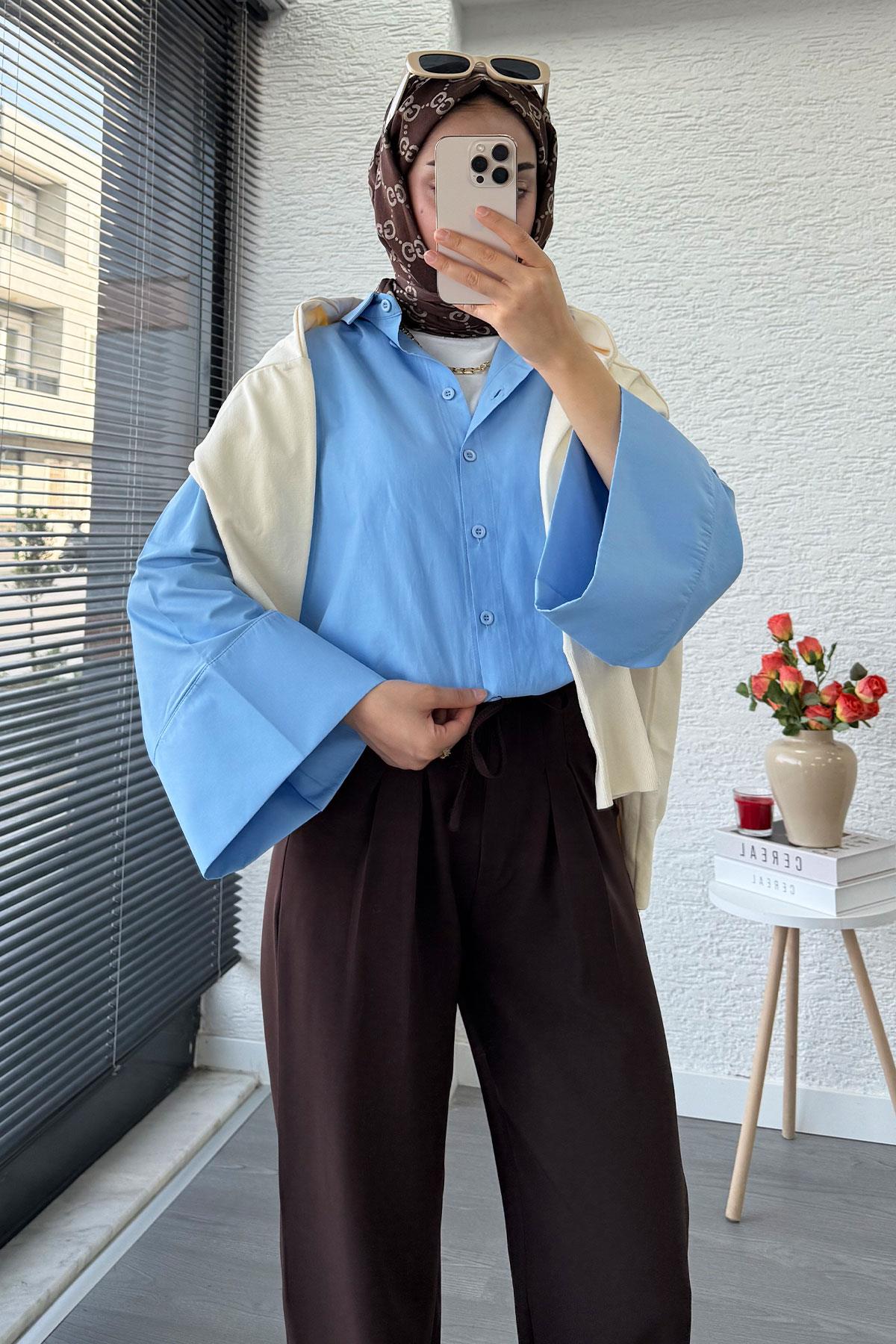 Önü Bağcıklı Yüksek Bel Palazzo Pantolon – Kahverengi