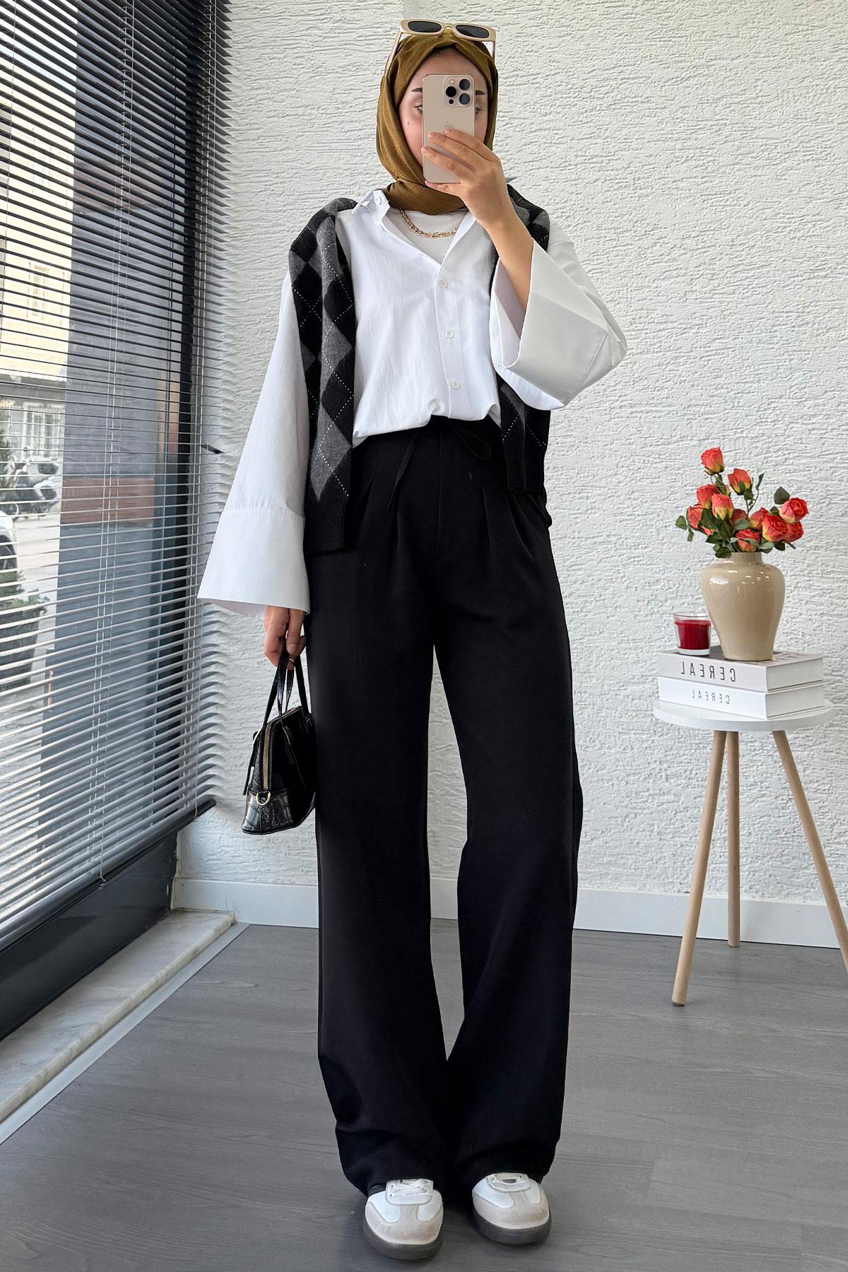 Önü Bağcıklı Yüksek Bel Palazzo Pantolon – Siyah