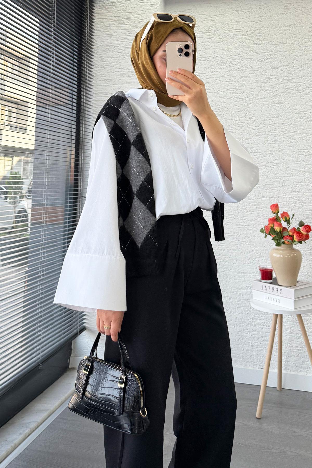 Önü Bağcıklı Yüksek Bel Palazzo Pantolon – Siyah