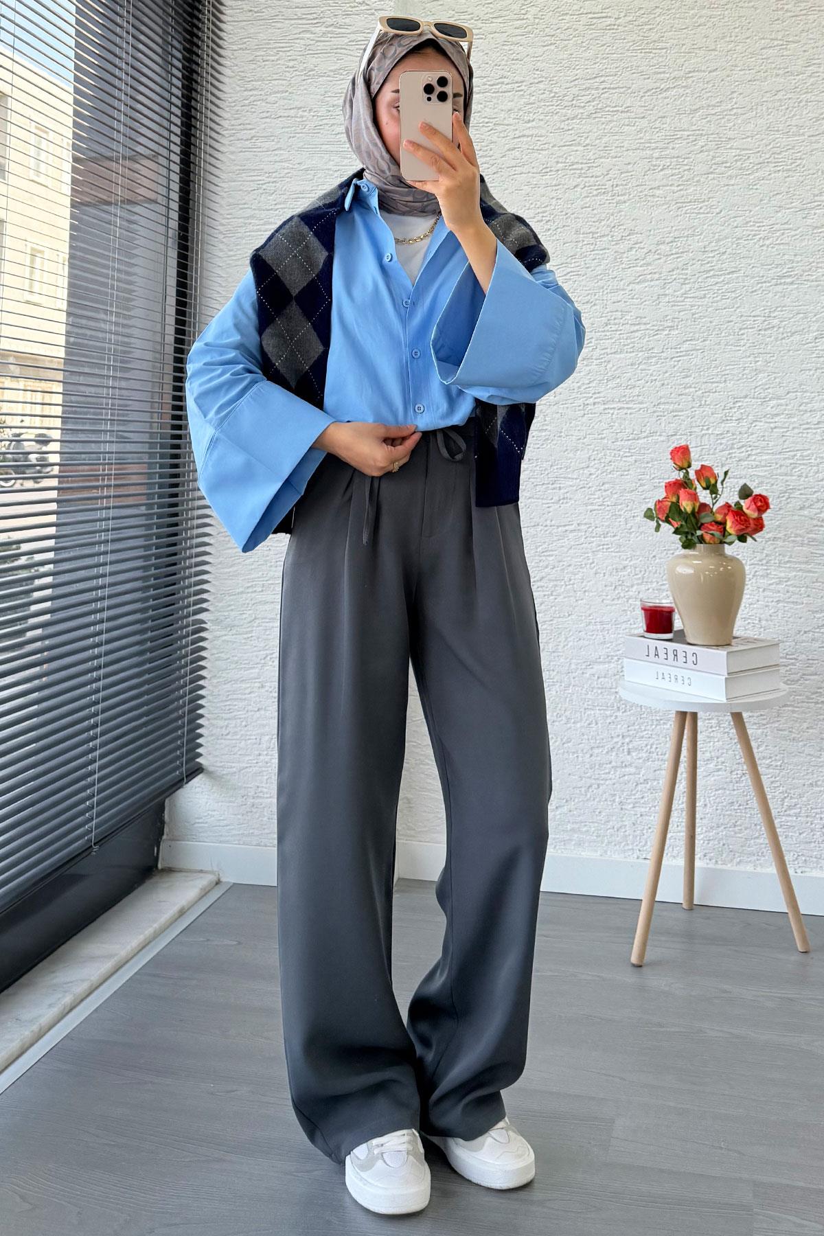 Önü Bağcıklı Yüksek Bel Palazzo Pantolon – Füme