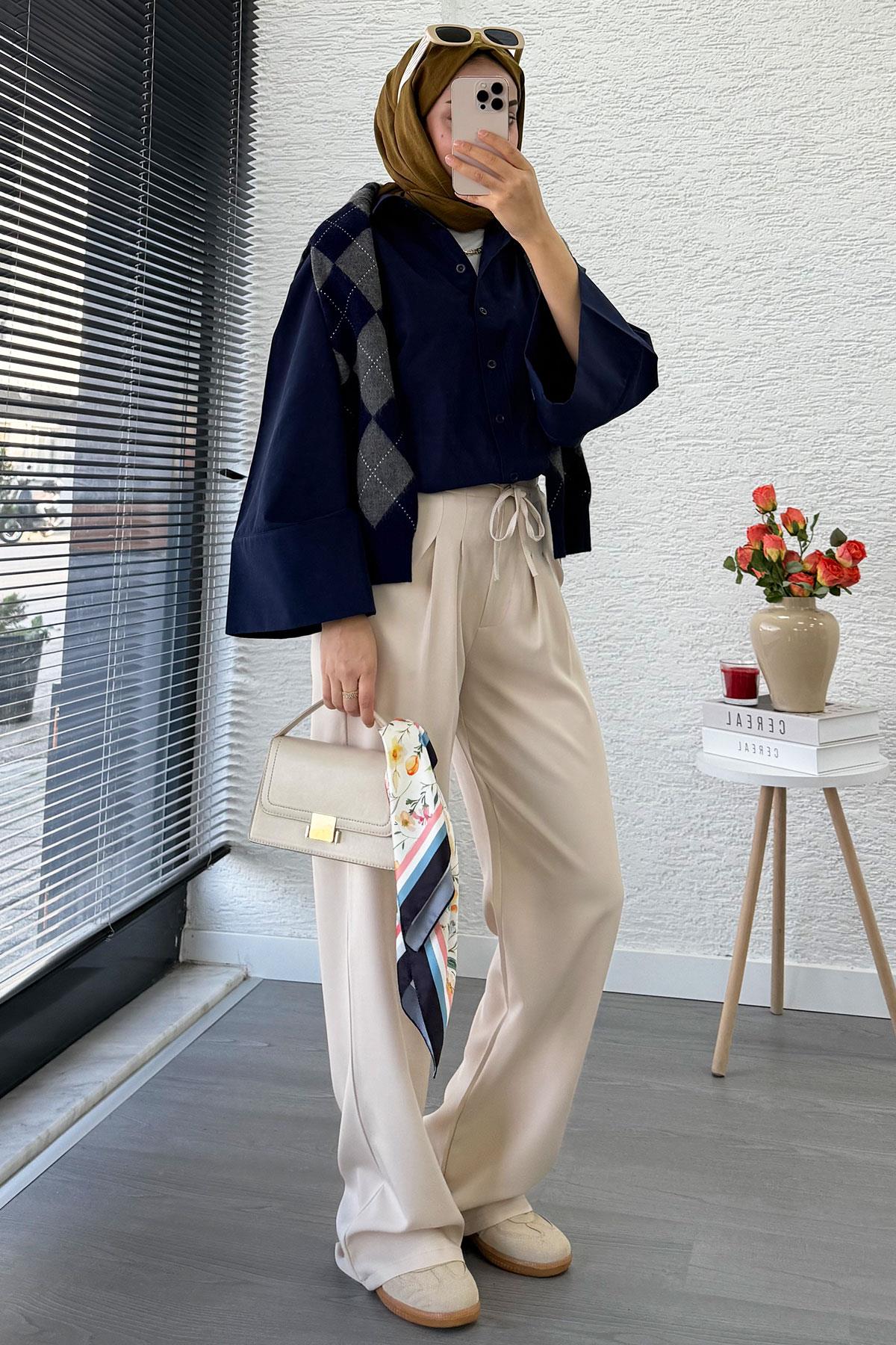 Önü Bağcıklı Yüksek Bel Palazzo Pantolon – Krem