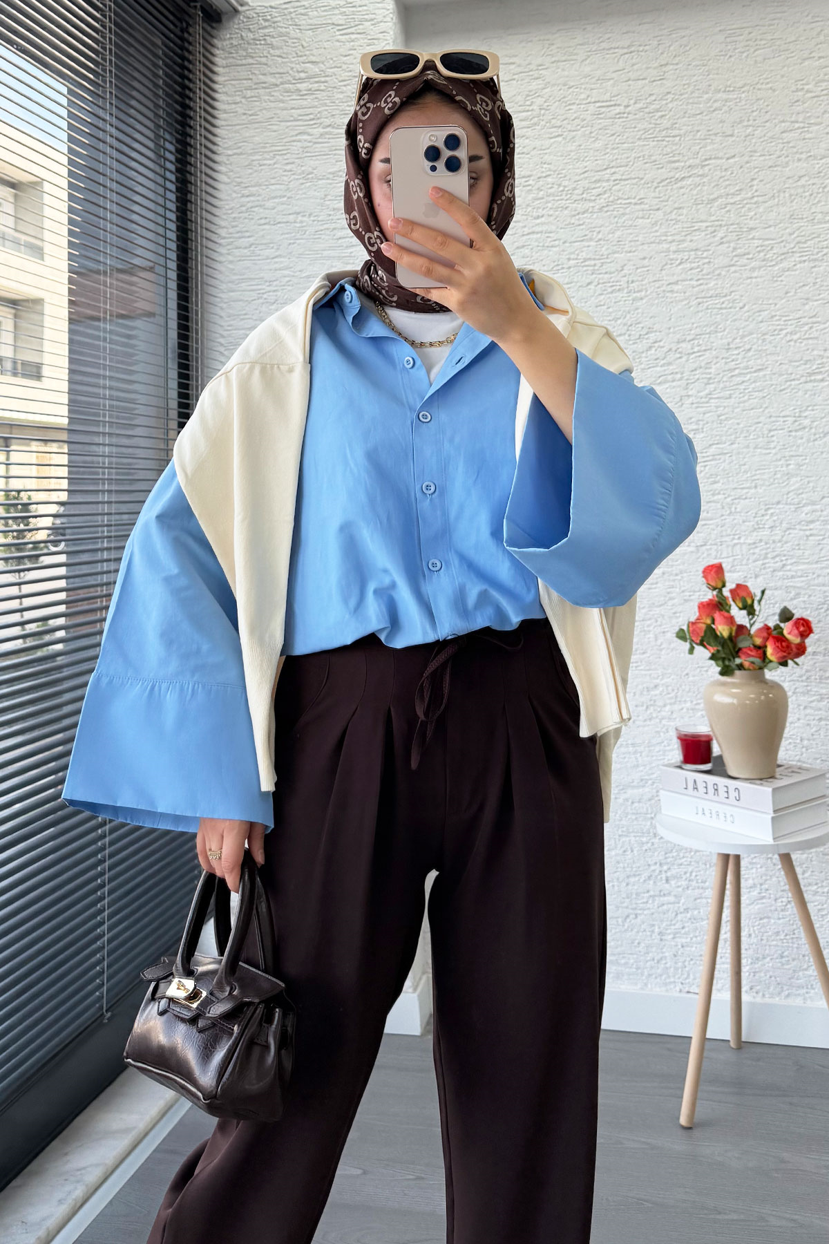 Önü Bağcıklı Yüksek Bel Palazzo Pantolon – Kahverengi