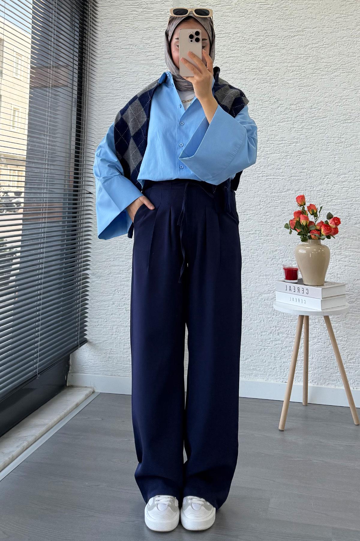 Önü Bağcıklı Yüksek Bel Palazzo Pantolon – Lacivert