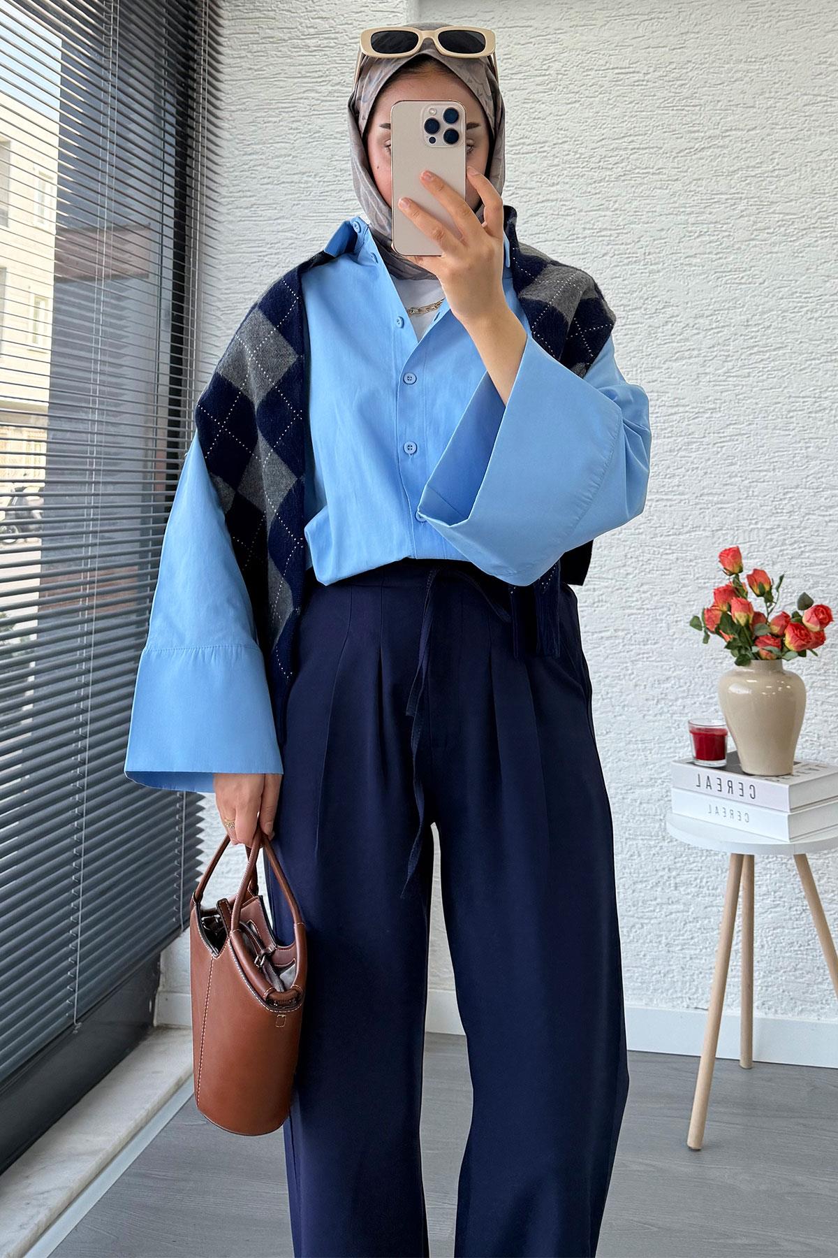 Önü Bağcıklı Yüksek Bel Palazzo Pantolon – Lacivert