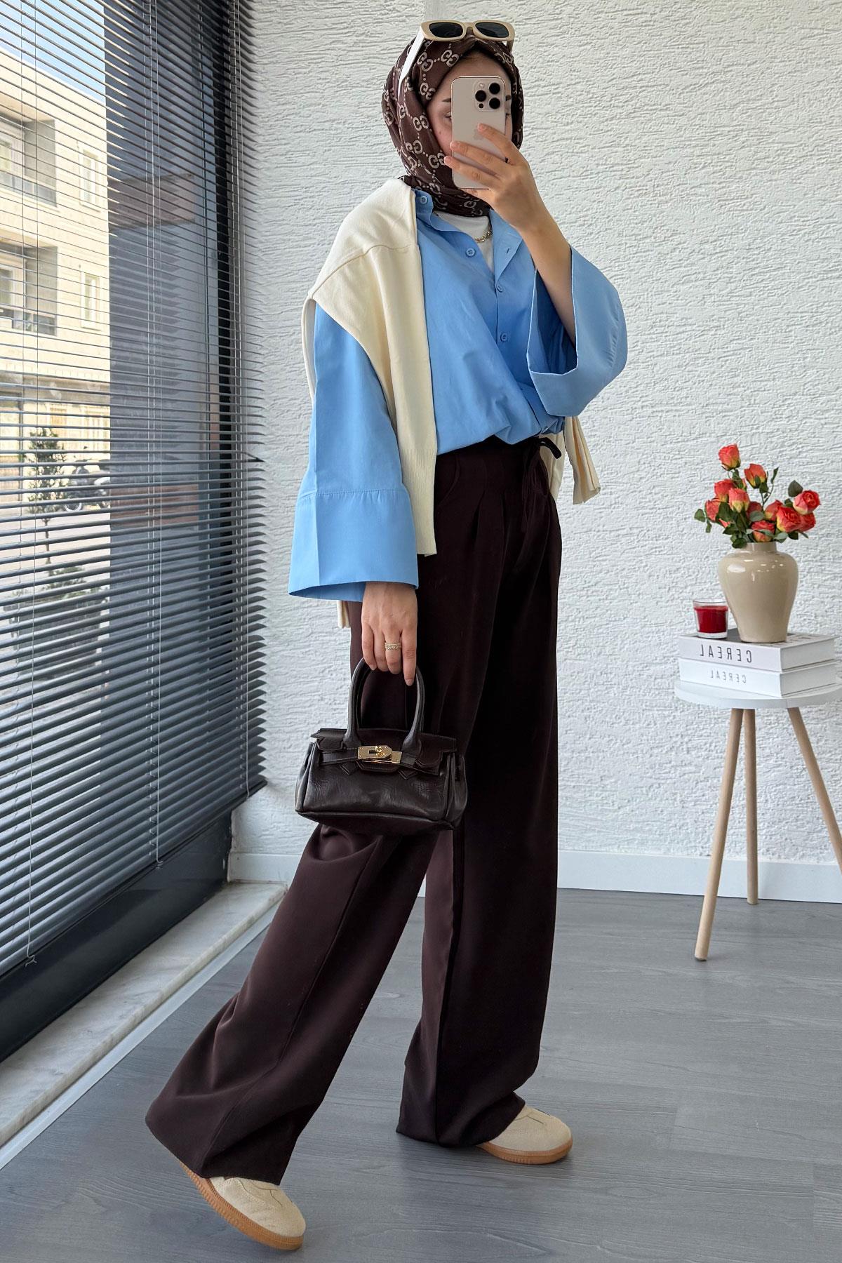 Önü Bağcıklı Yüksek Bel Palazzo Pantolon – Kahverengi