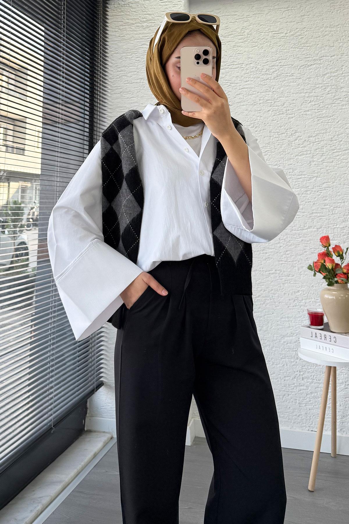 Önü Bağcıklı Yüksek Bel Palazzo Pantolon – Siyah