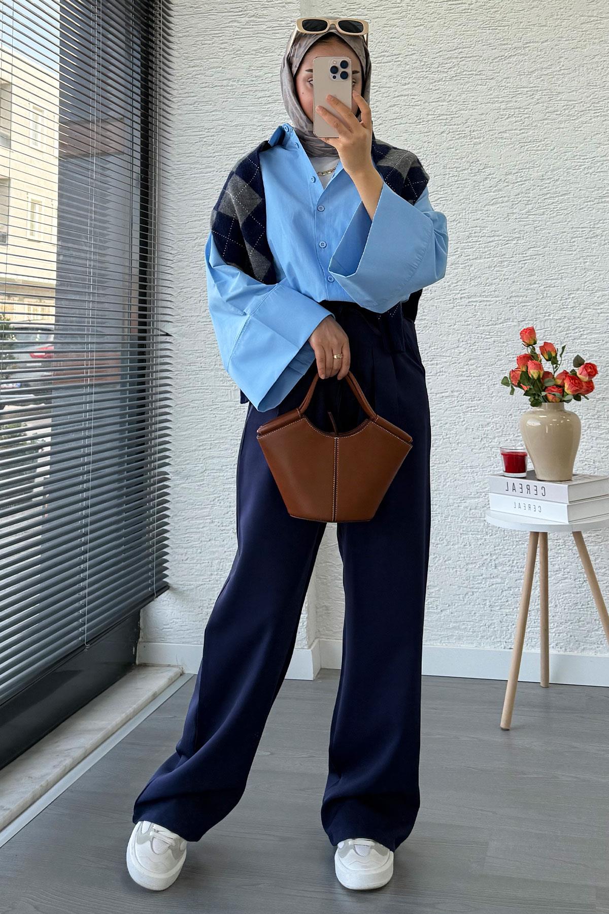 Önü Bağcıklı Yüksek Bel Palazzo Pantolon – Lacivert