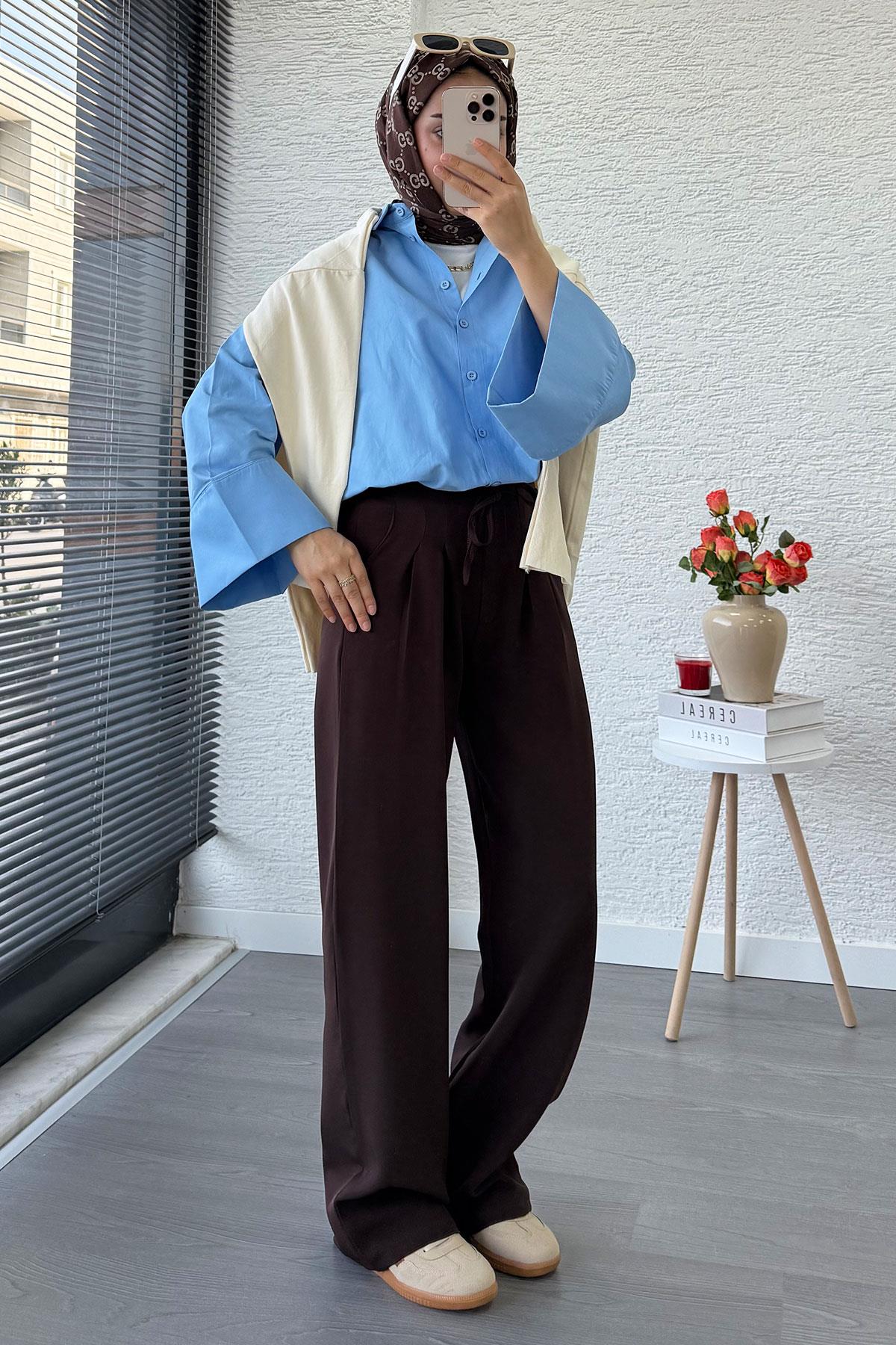 Önü Bağcıklı Yüksek Bel Palazzo Pantolon – Kahverengi