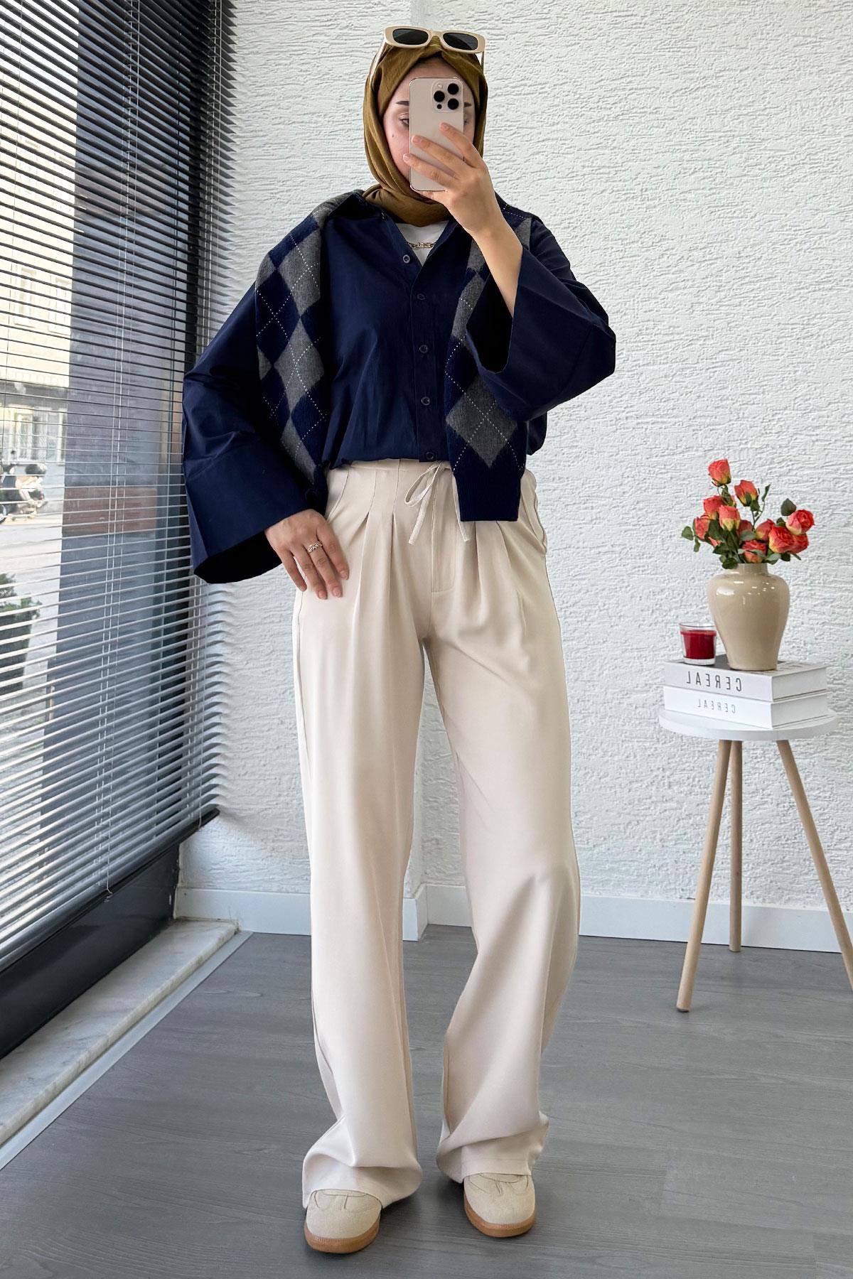 Önü Bağcıklı Yüksek Bel Palazzo Pantolon – Krem