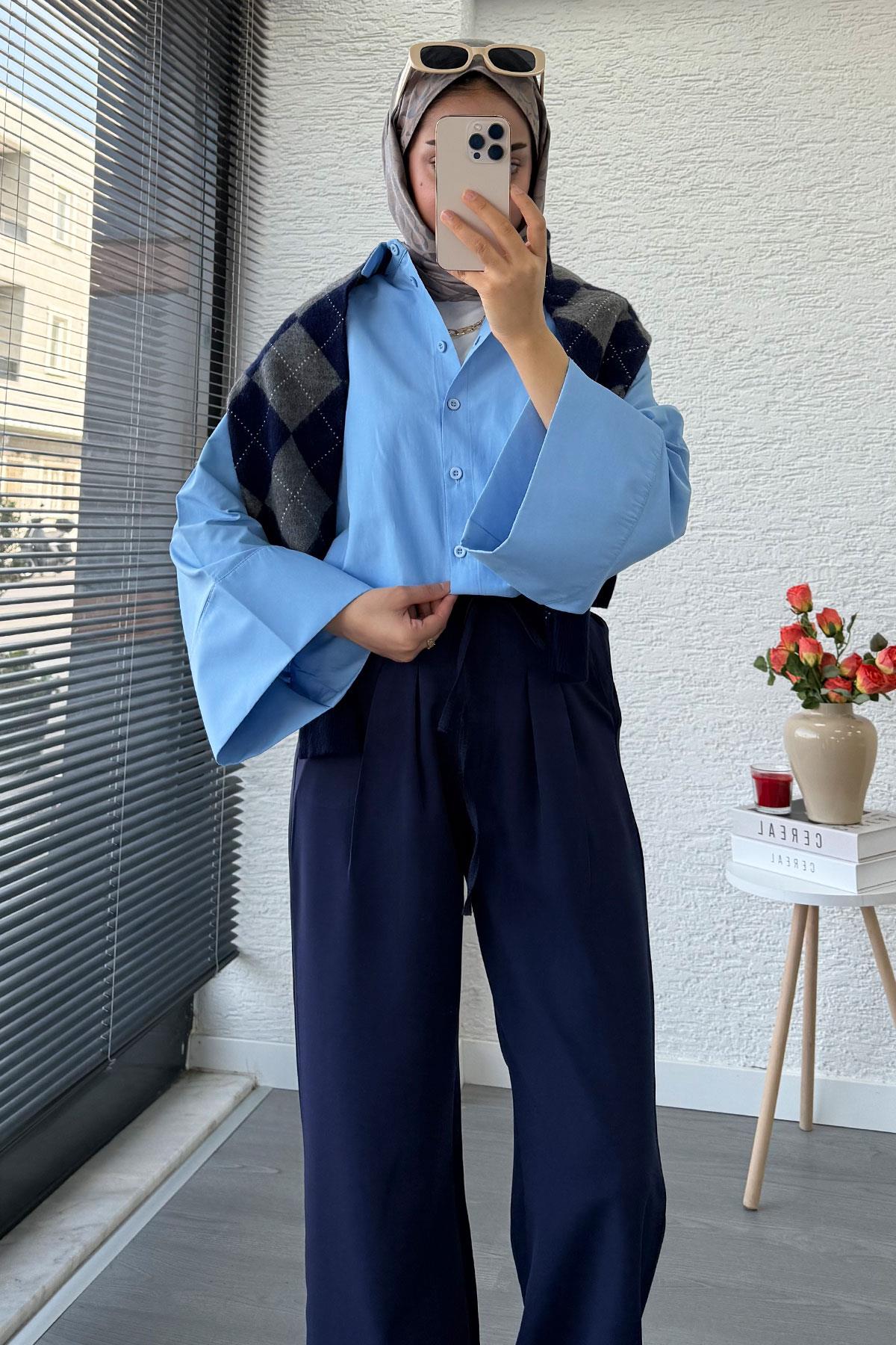 Önü Bağcıklı Yüksek Bel Palazzo Pantolon – Lacivert