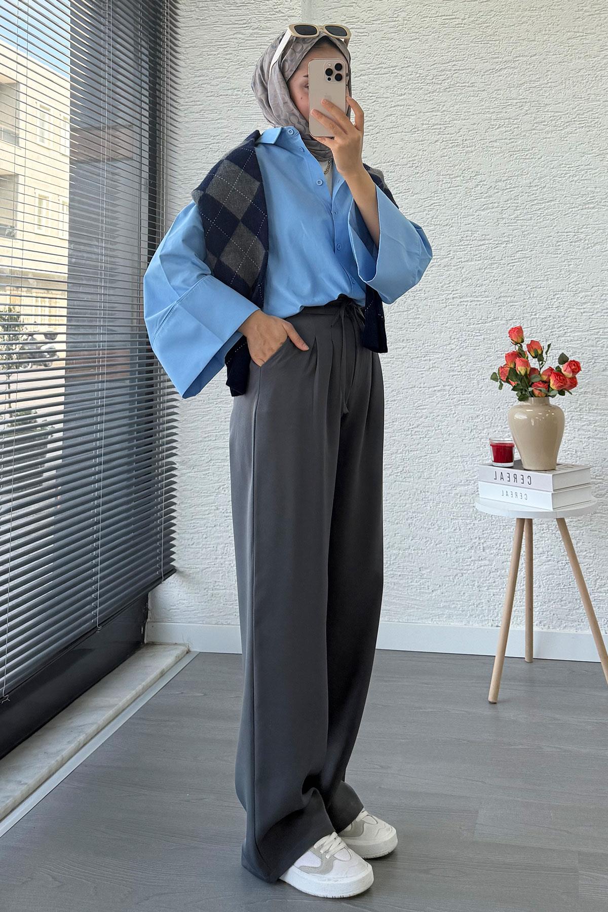 Önü Bağcıklı Yüksek Bel Palazzo Pantolon – Füme