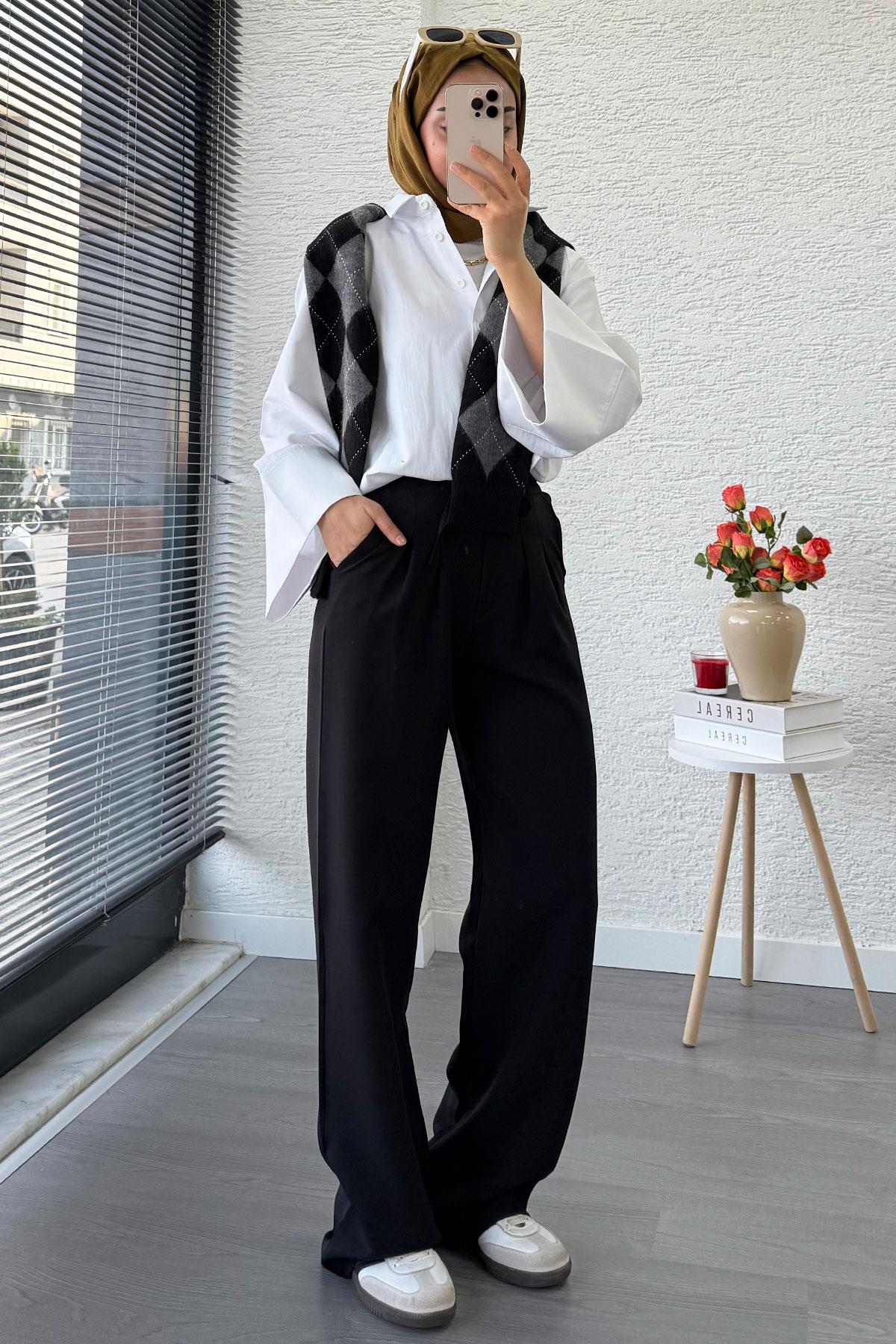 Önü Bağcıklı Yüksek Bel Palazzo Pantolon – Siyah