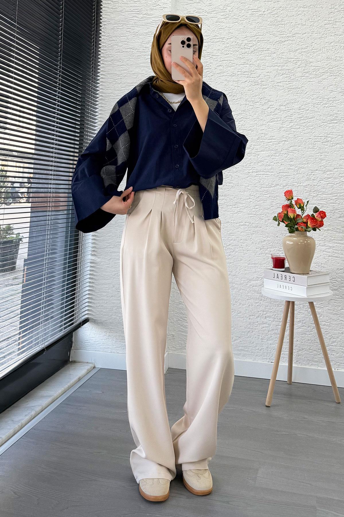 Önü Bağcıklı Yüksek Bel Palazzo Pantolon – Krem