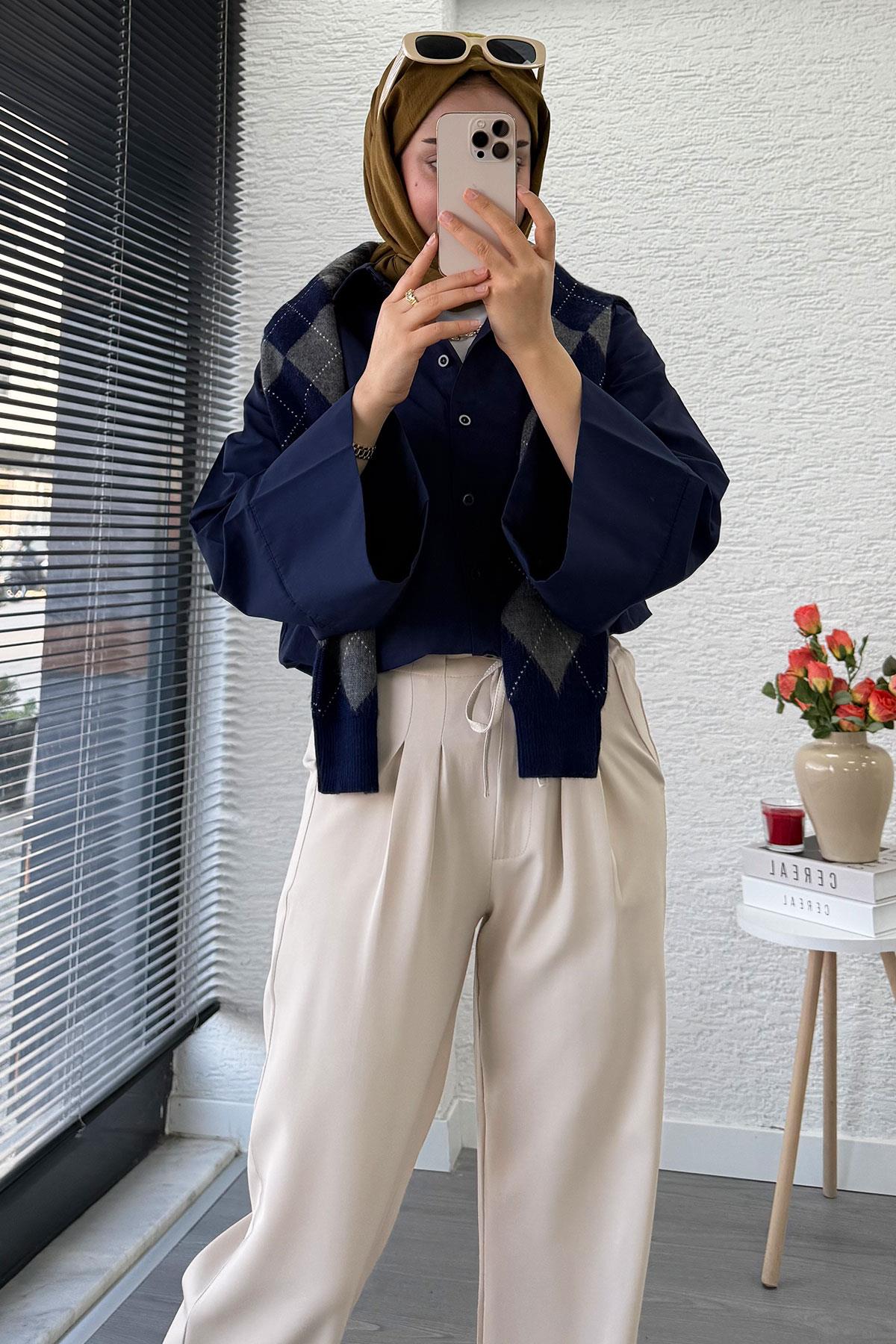 Önü Bağcıklı Yüksek Bel Palazzo Pantolon – Krem