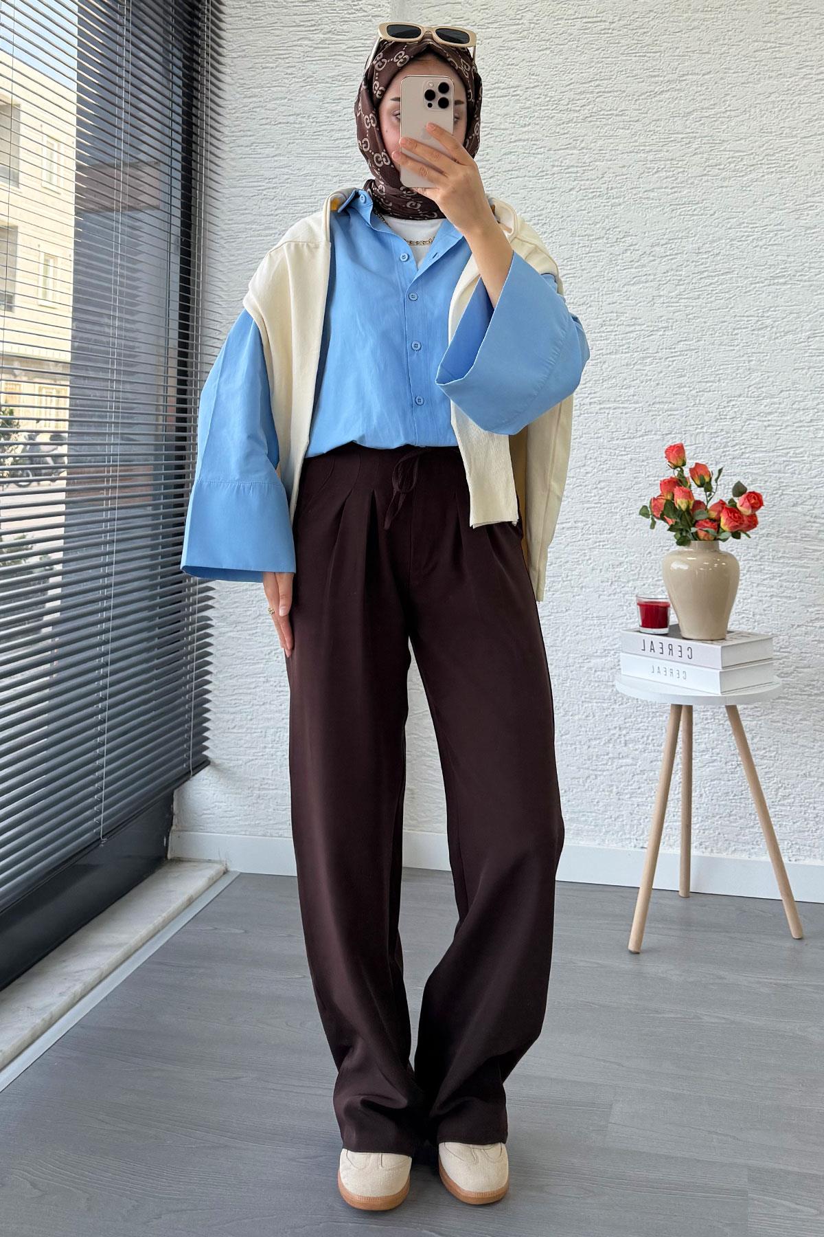 Önü Bağcıklı Yüksek Bel Palazzo Pantolon – Kahverengi