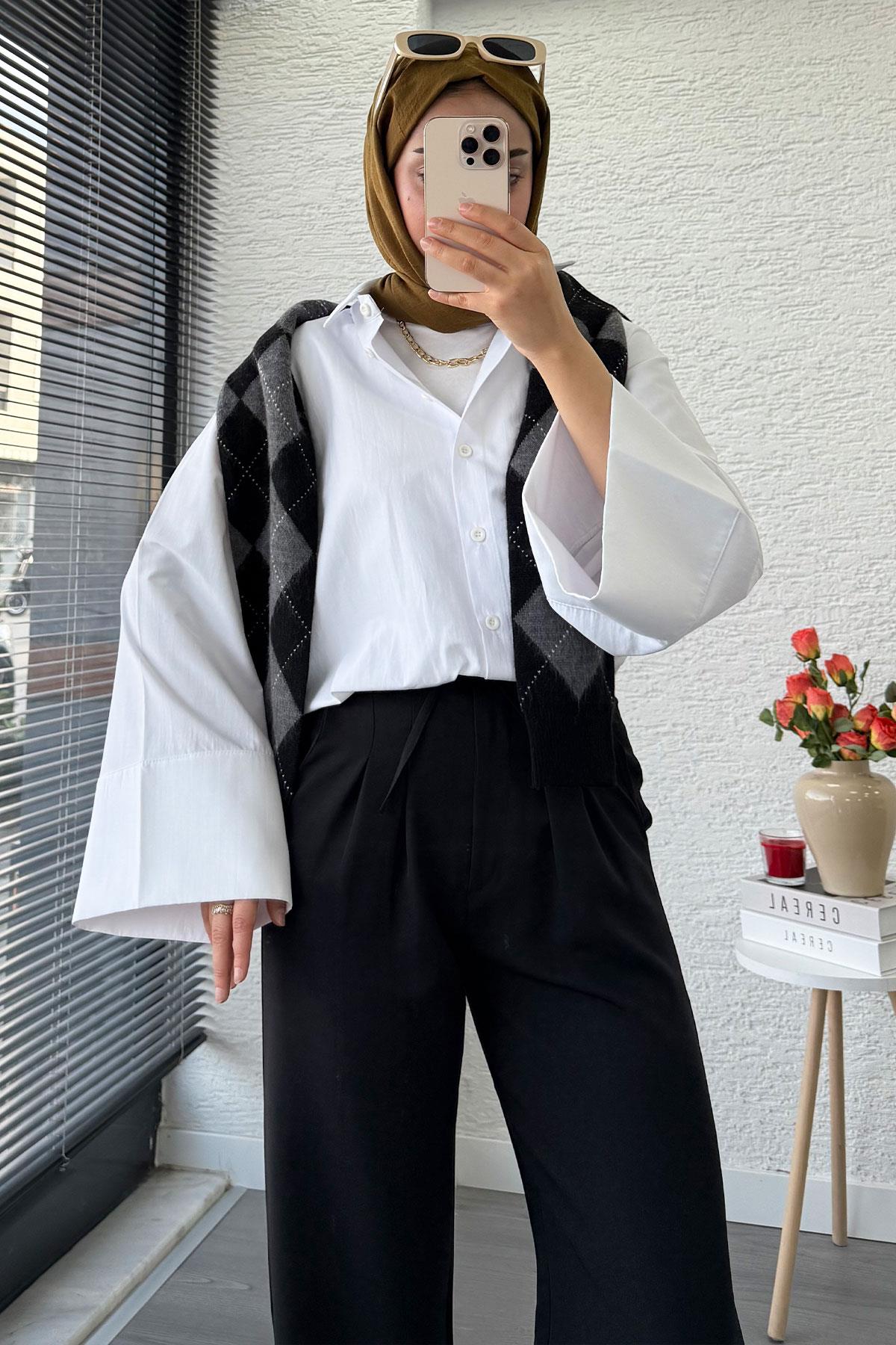 Önü Bağcıklı Yüksek Bel Palazzo Pantolon – Siyah