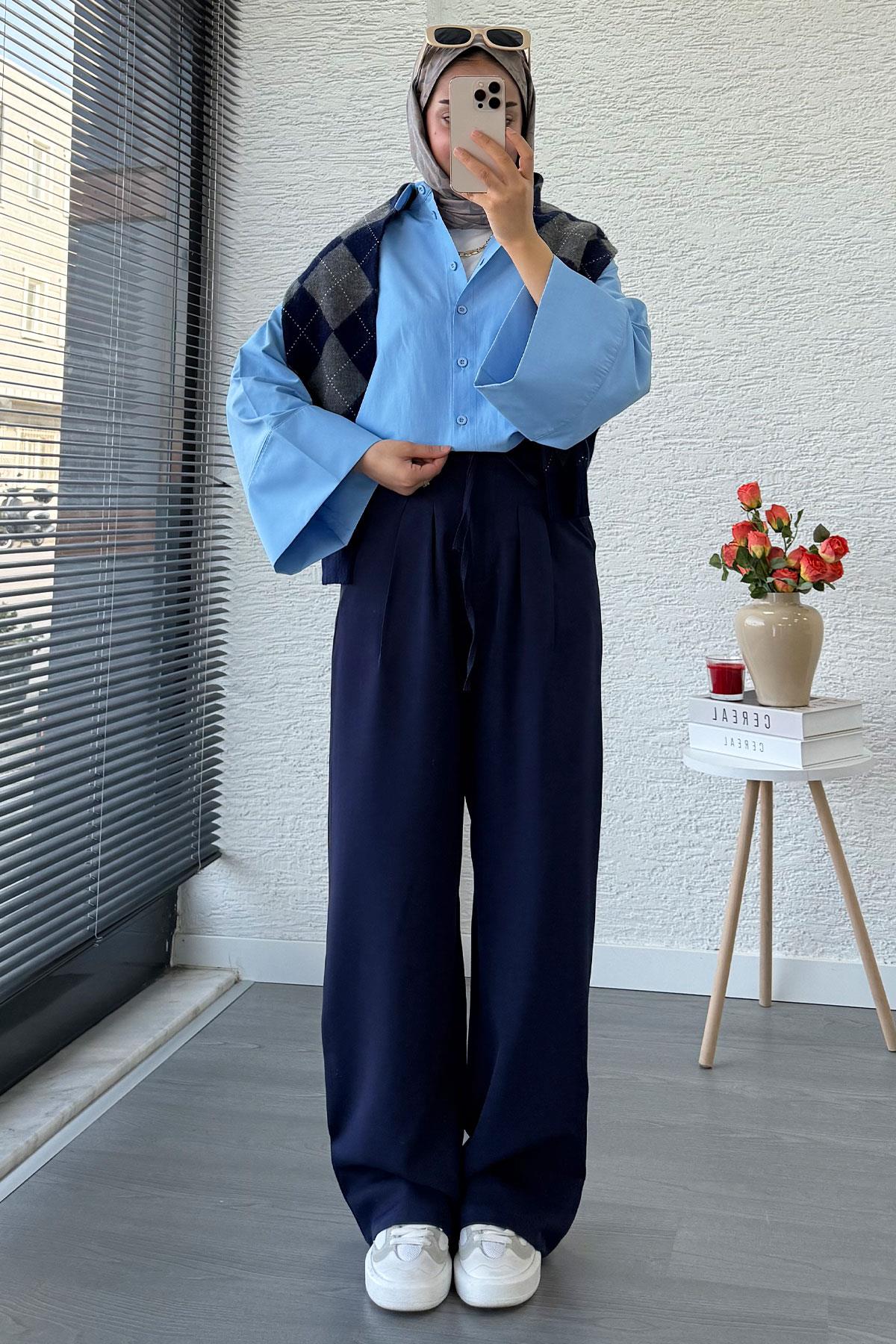 Önü Bağcıklı Yüksek Bel Palazzo Pantolon – Lacivert