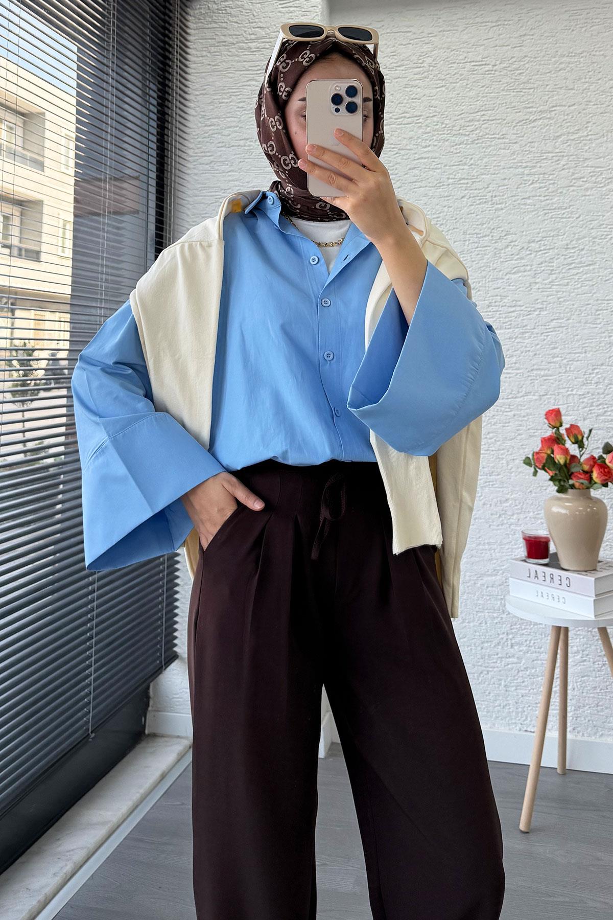 Önü Bağcıklı Yüksek Bel Palazzo Pantolon – Kahverengi