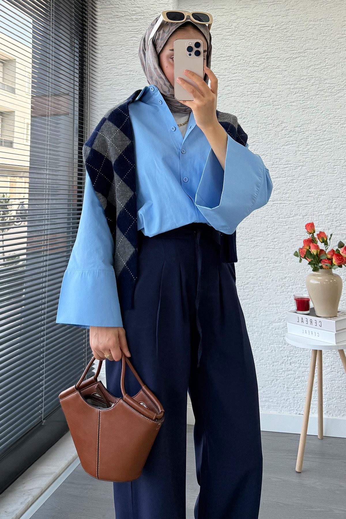 Önü Bağcıklı Yüksek Bel Palazzo Pantolon – Lacivert