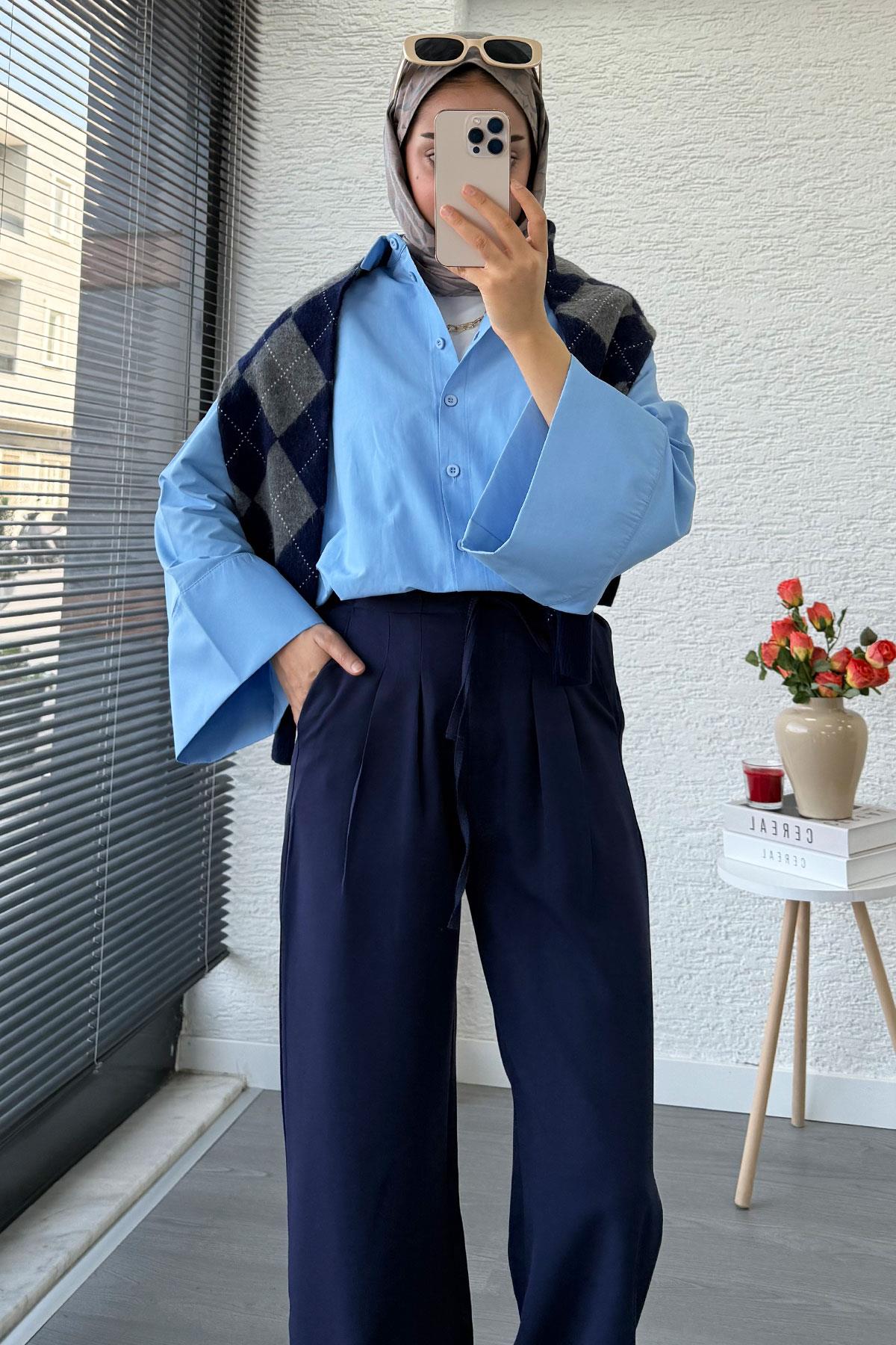 Önü Bağcıklı Yüksek Bel Palazzo Pantolon – Lacivert