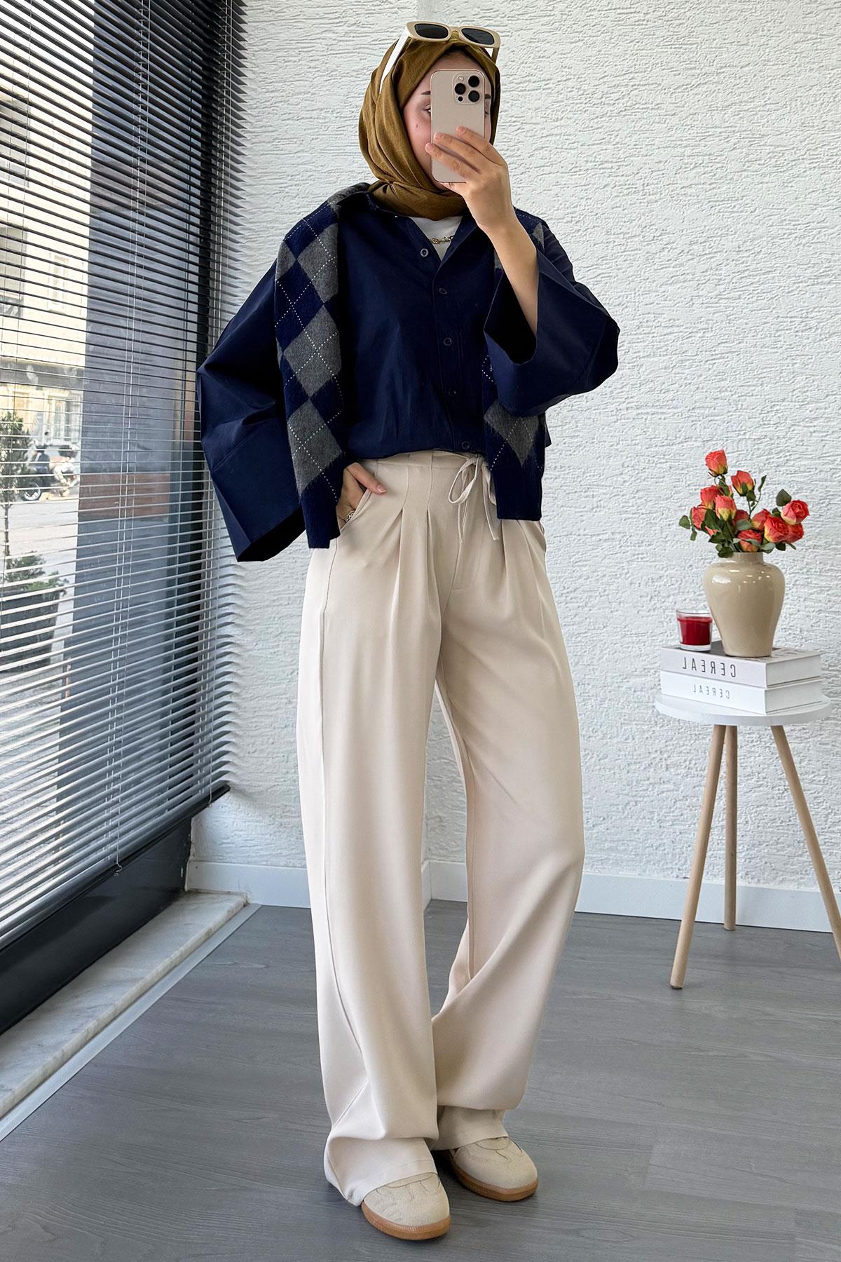 Önü Bağcıklı Yüksek Bel Palazzo Pantolon – Krem