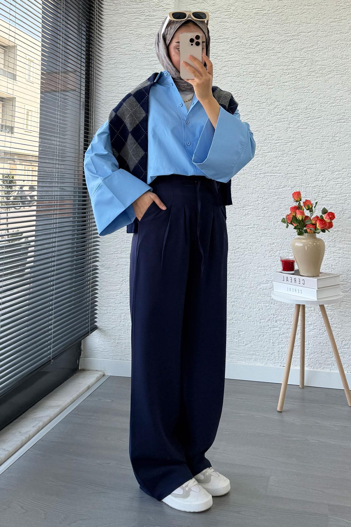 Önü Bağcıklı Yüksek Bel Palazzo Pantolon – Lacivert