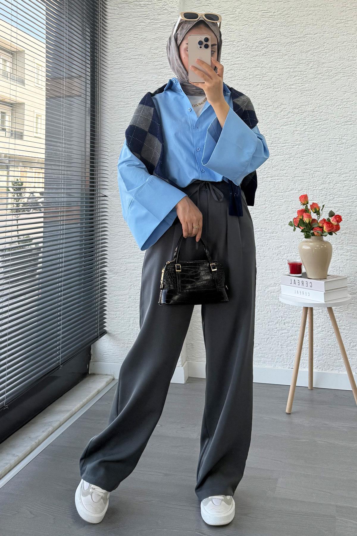 Önü Bağcıklı Yüksek Bel Palazzo Pantolon – Füme