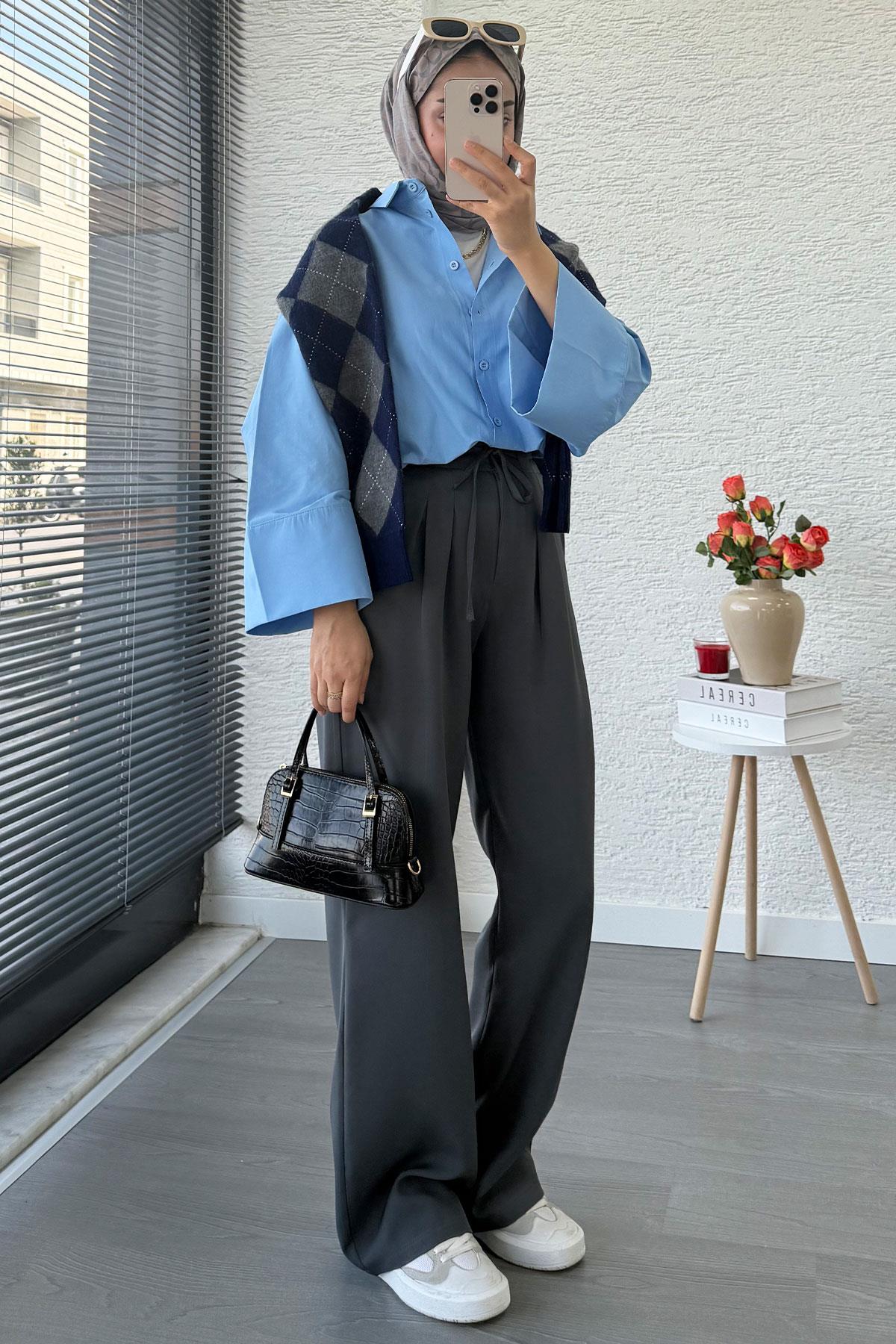 Önü Bağcıklı Yüksek Bel Palazzo Pantolon – Füme