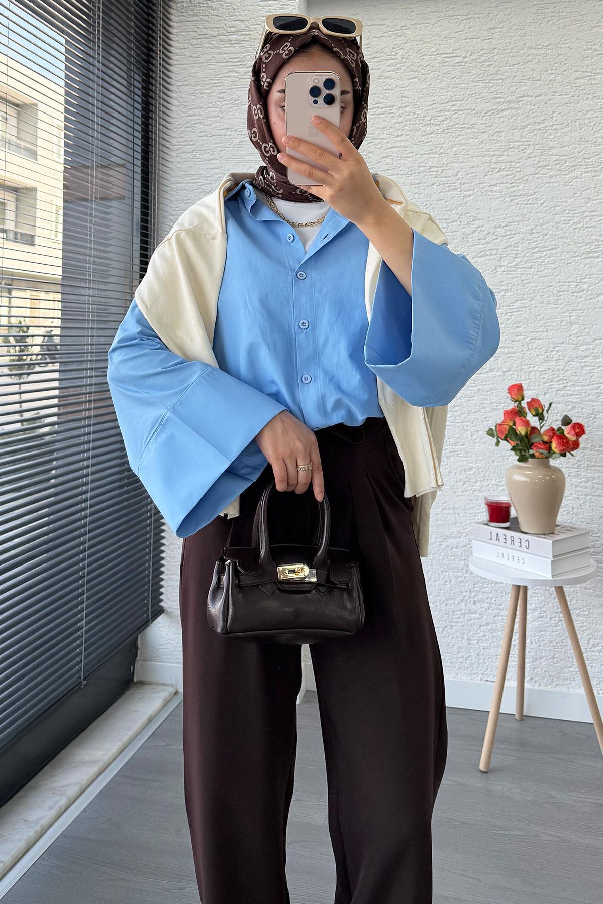 Önü Bağcıklı Yüksek Bel Palazzo Pantolon – Kahverengi