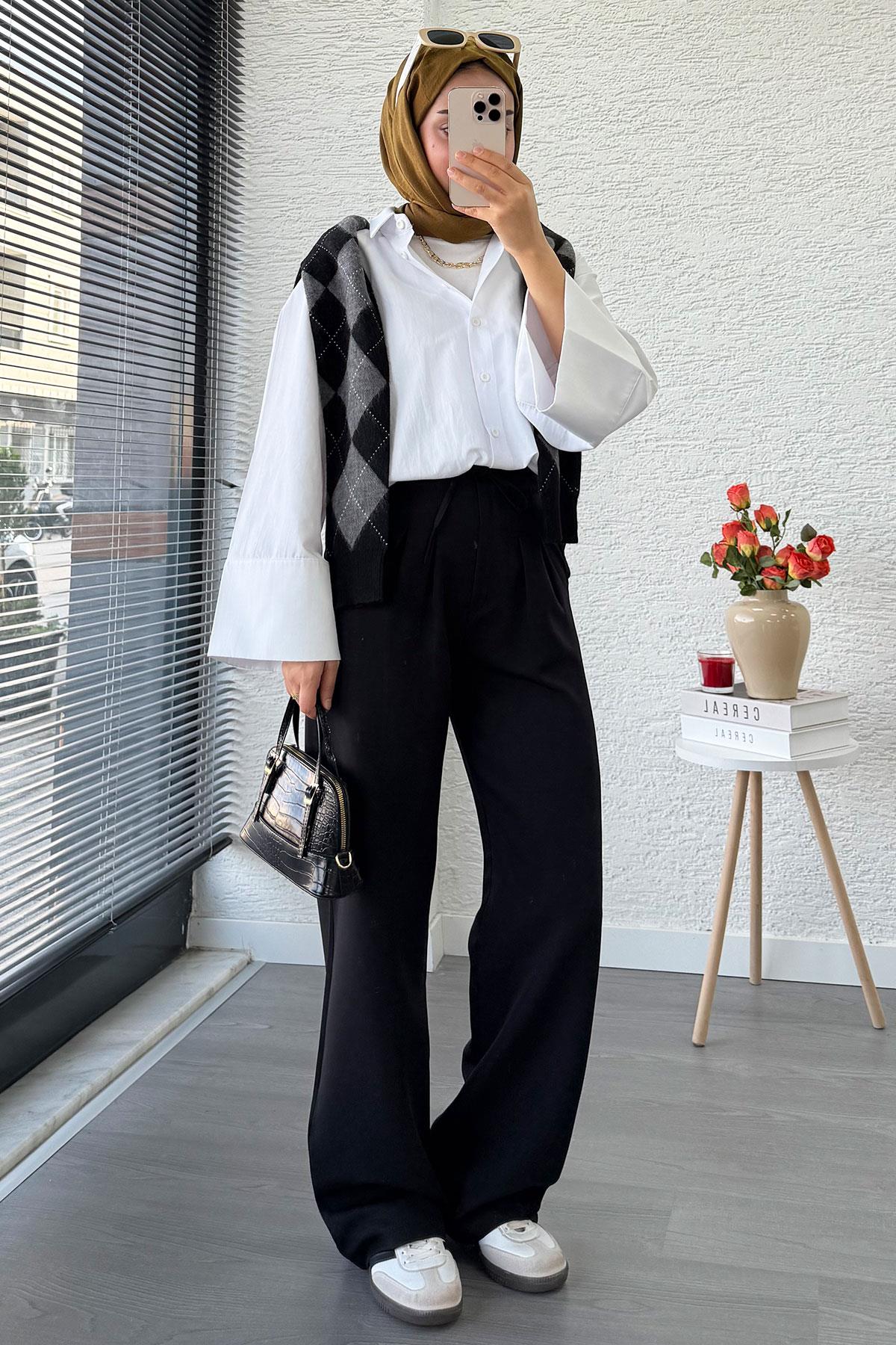 Önü Bağcıklı Yüksek Bel Palazzo Pantolon – Siyah