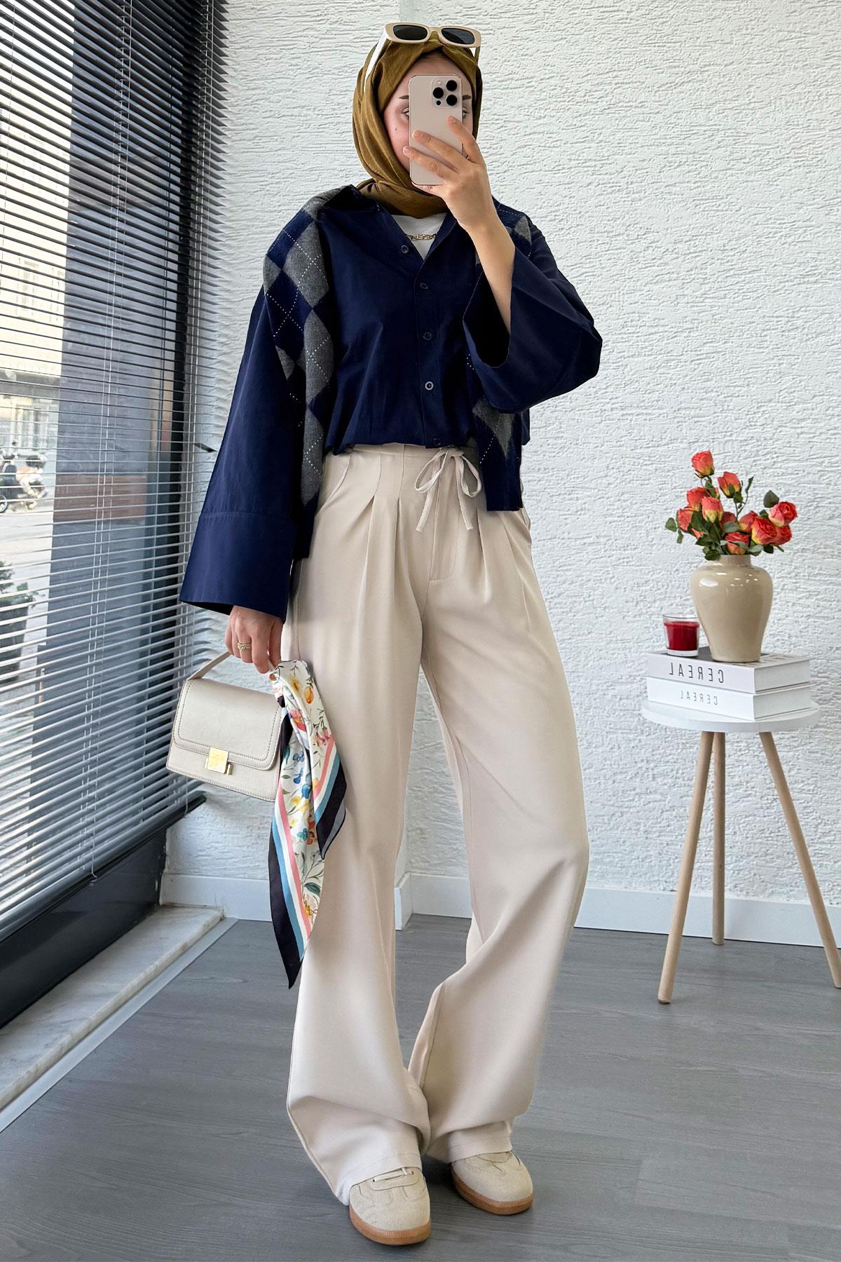 Önü Bağcıklı Yüksek Bel Palazzo Pantolon – Krem