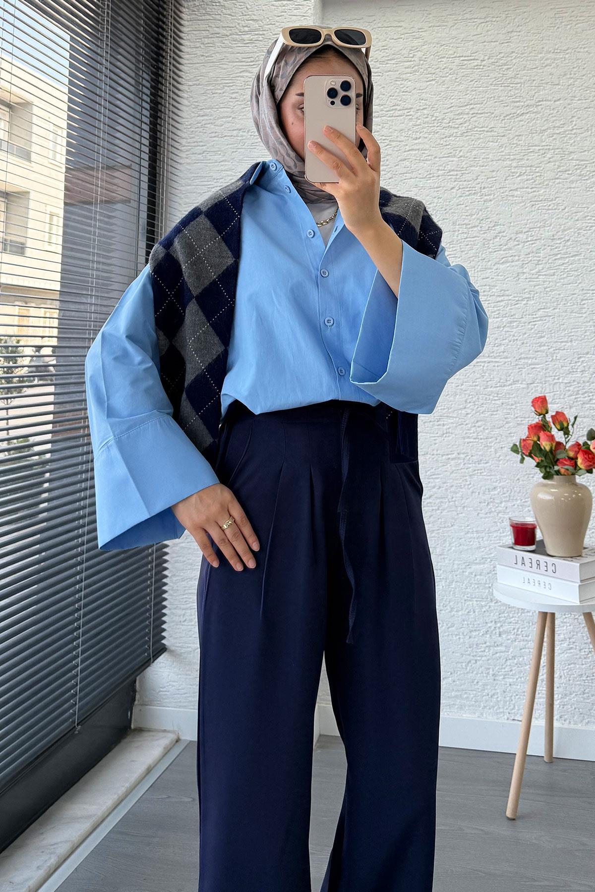 Önü Bağcıklı Yüksek Bel Palazzo Pantolon – Lacivert