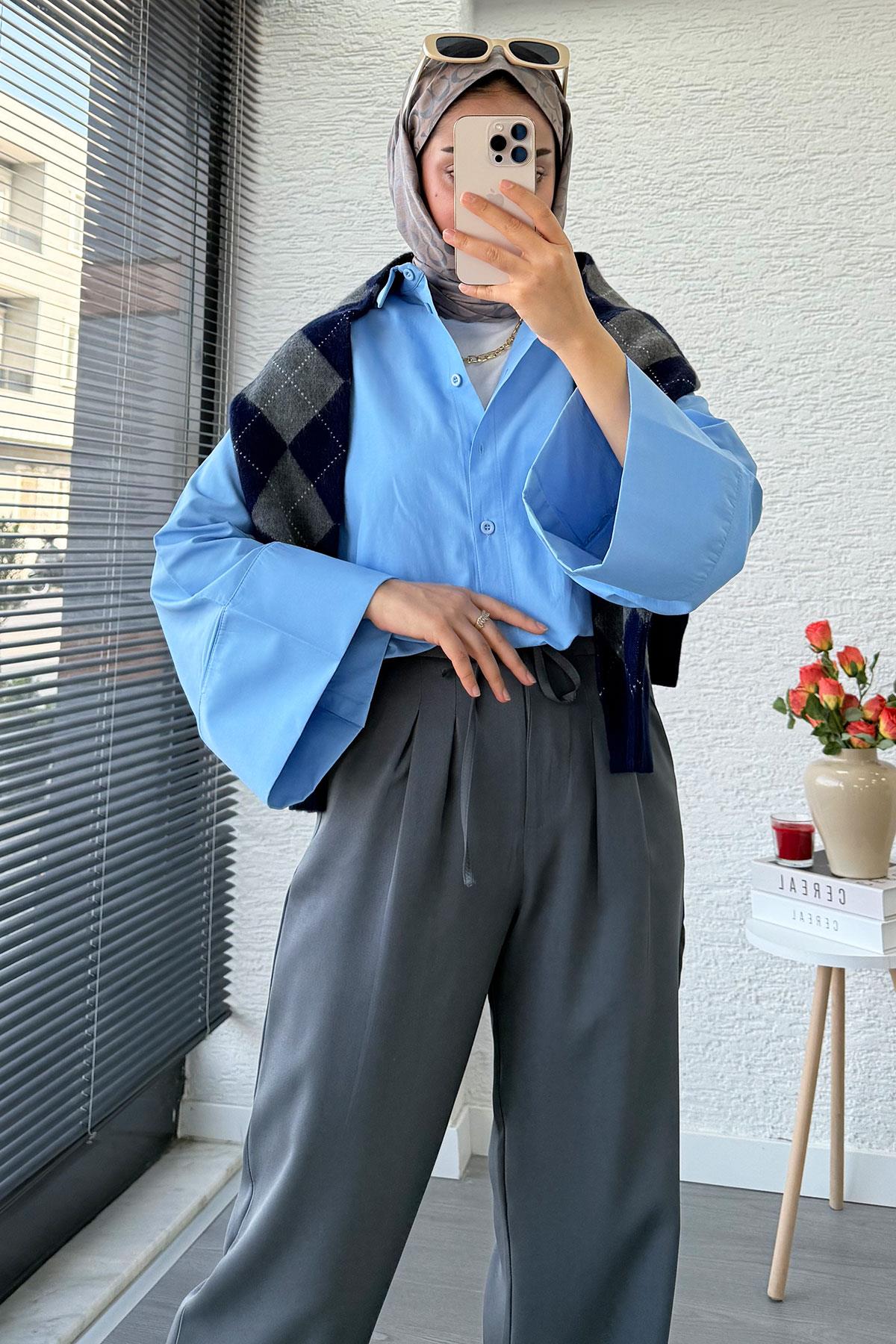 Önü Bağcıklı Yüksek Bel Palazzo Pantolon – Füme