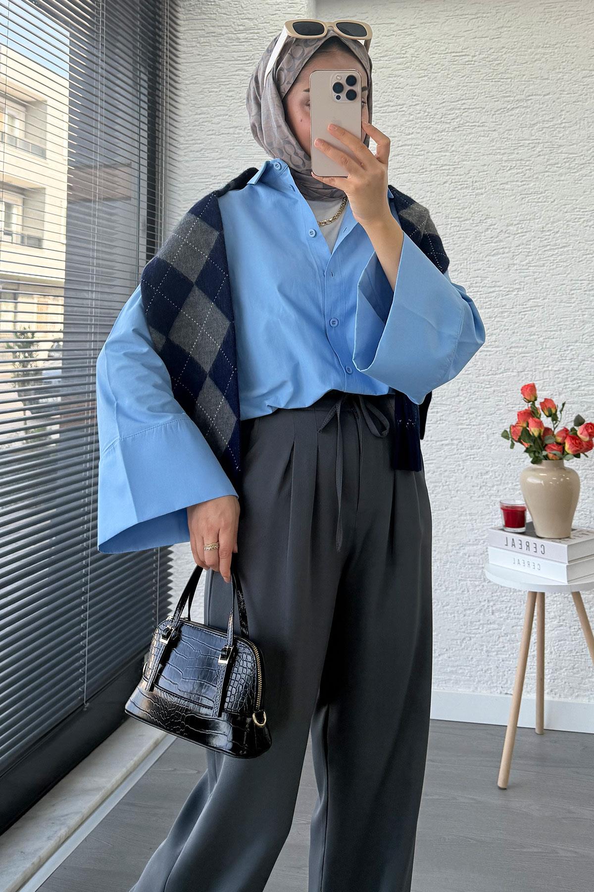 Önü Bağcıklı Yüksek Bel Palazzo Pantolon – Füme