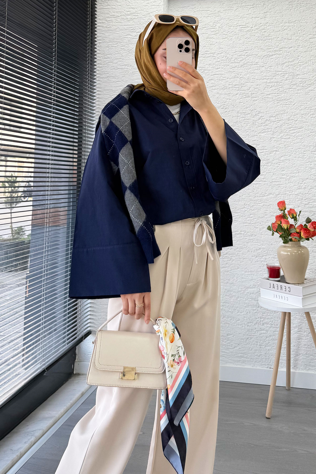 Önü Bağcıklı Yüksek Bel Palazzo Pantolon – Krem