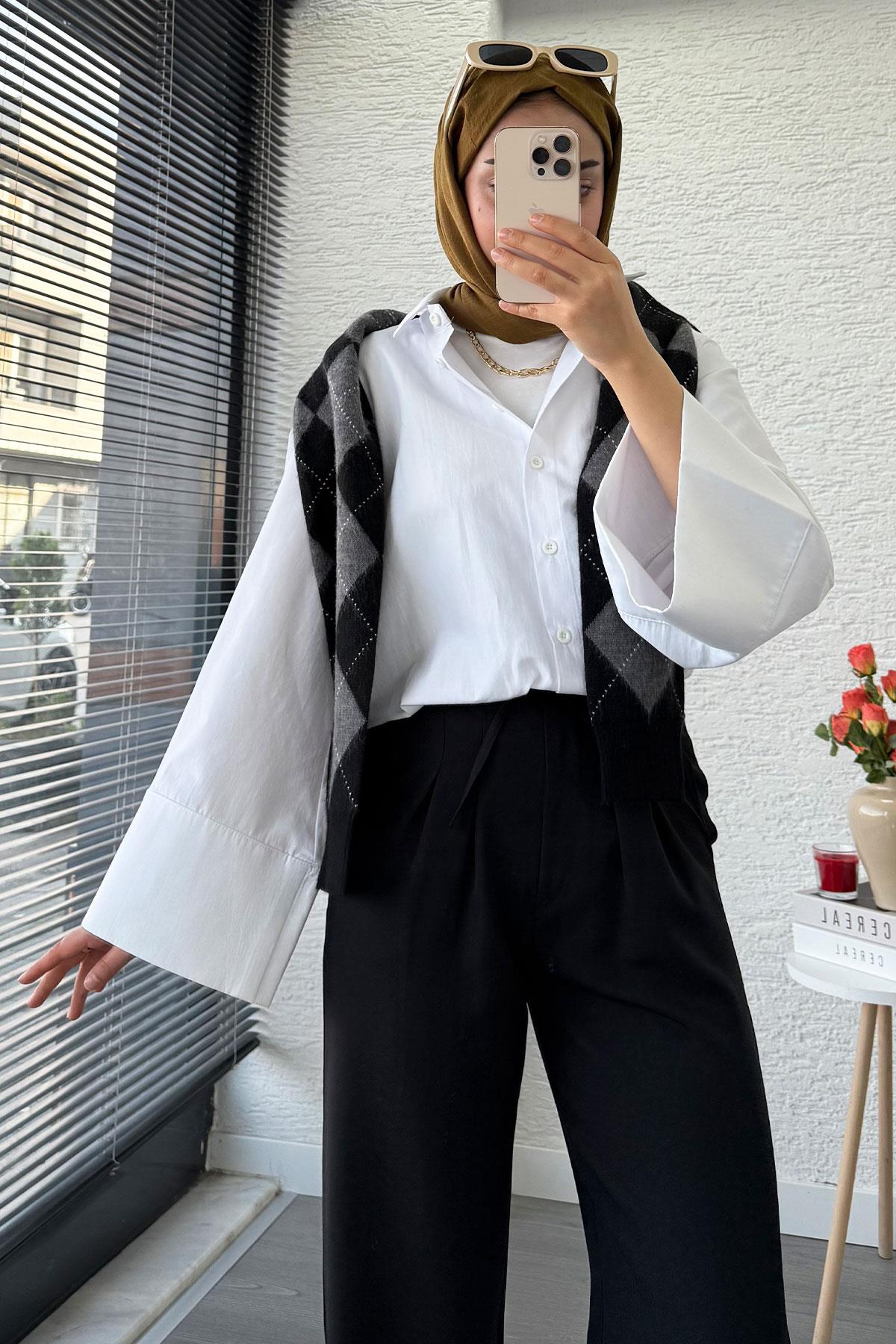 Önü Bağcıklı Yüksek Bel Palazzo Pantolon – Siyah