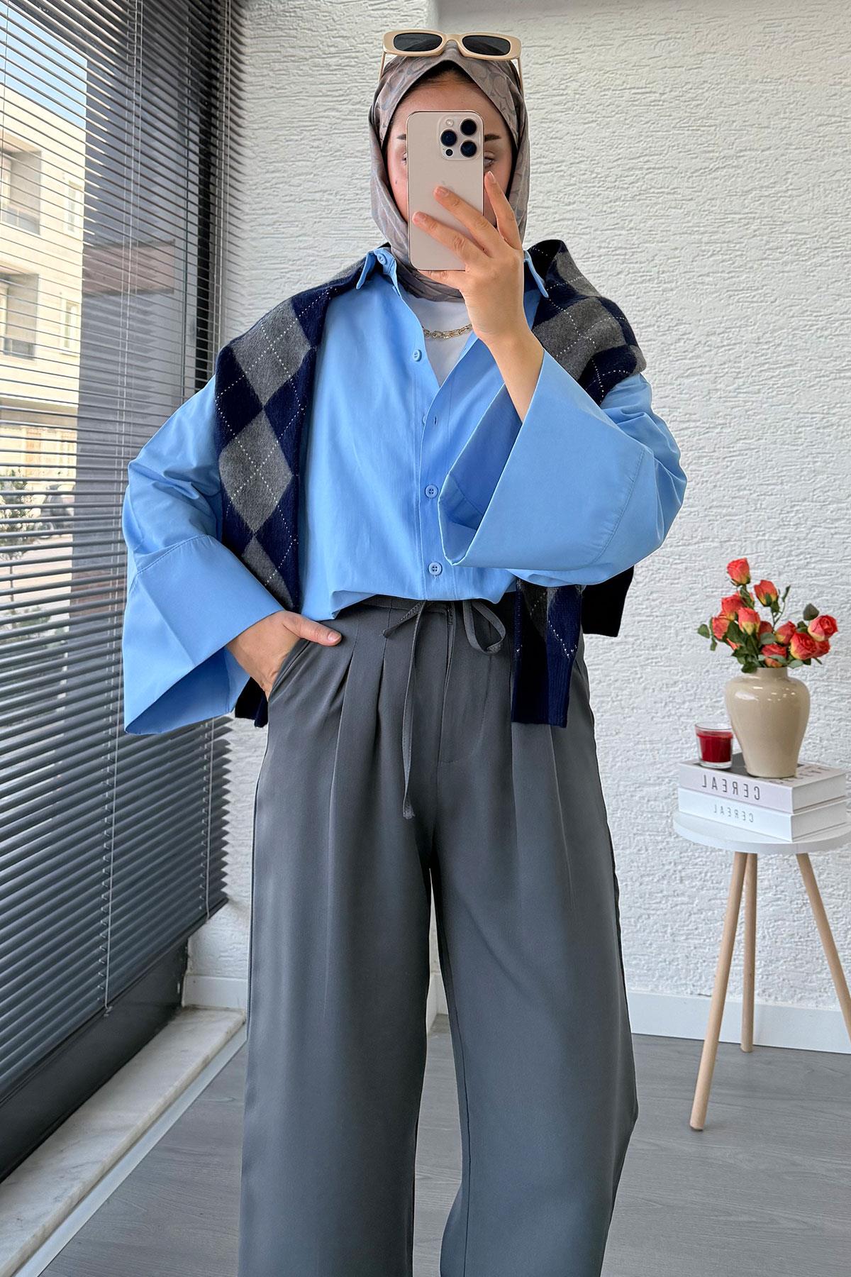 Önü Bağcıklı Yüksek Bel Palazzo Pantolon – Füme