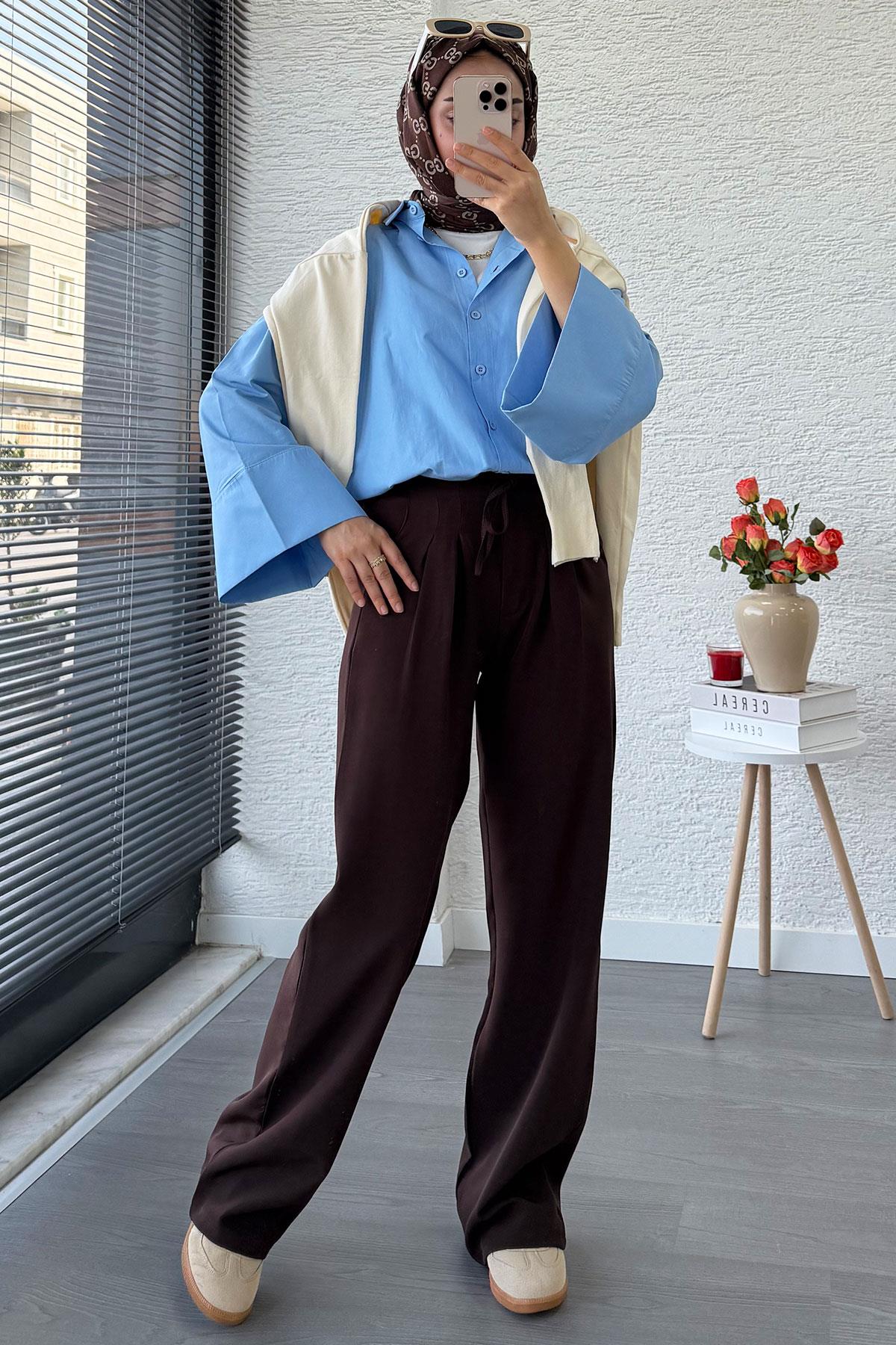 Önü Bağcıklı Yüksek Bel Palazzo Pantolon – Kahverengi