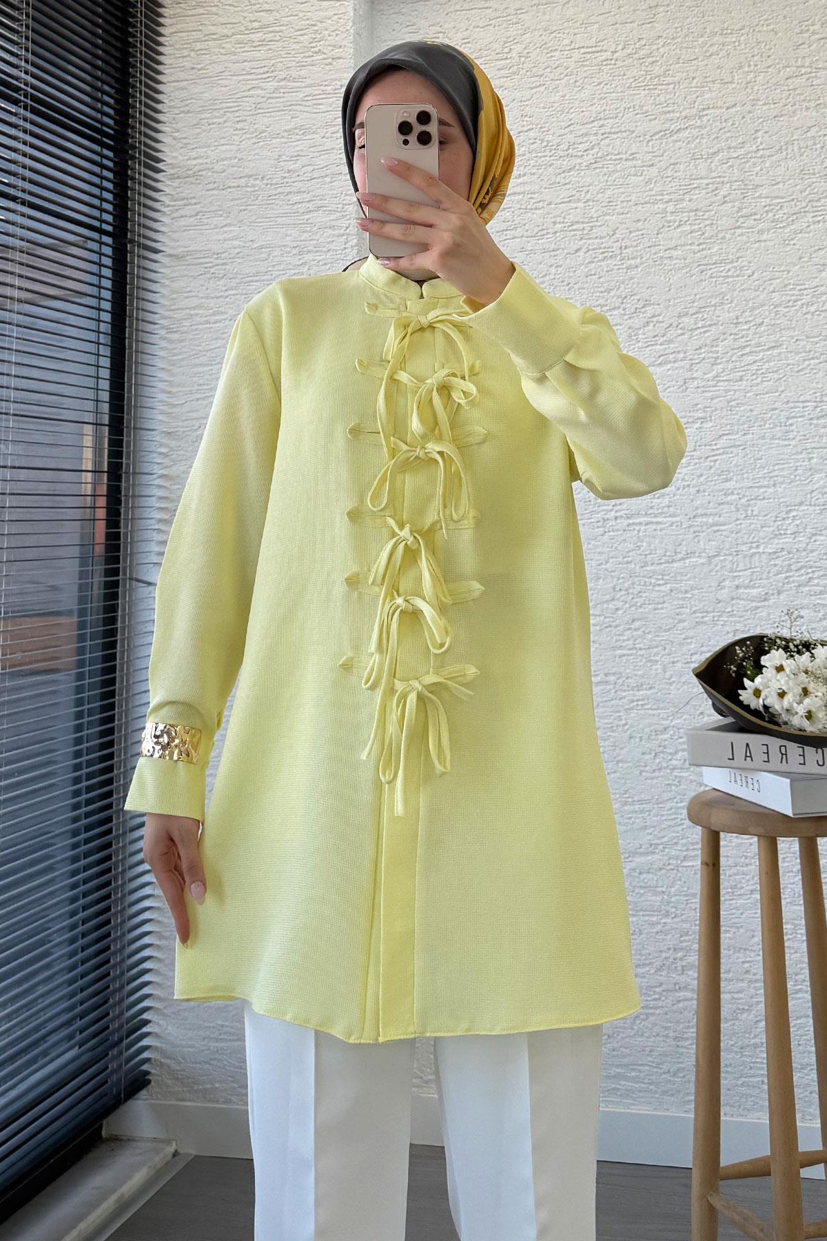 Önü Bağlama Detaylı Gofre Tunik - Sarı