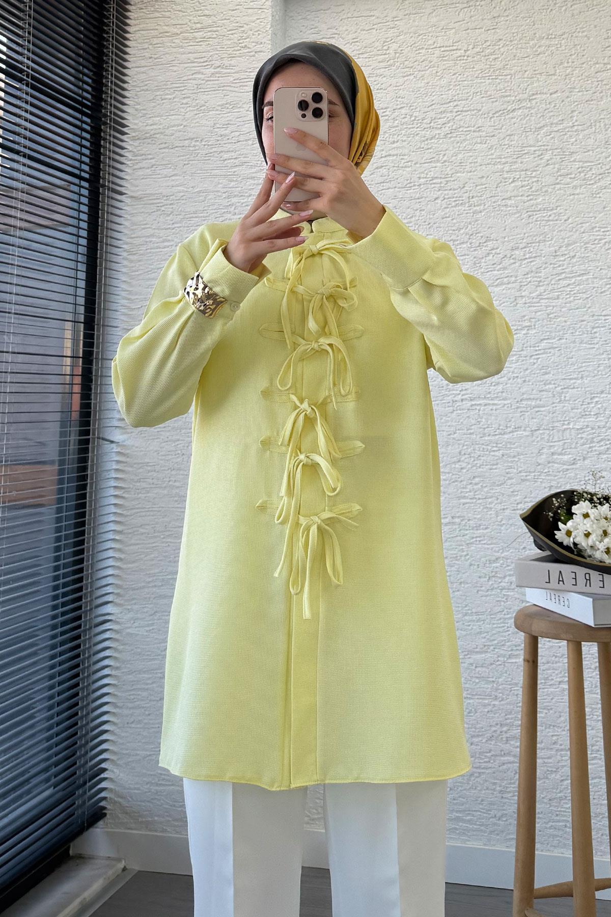 Önü Bağlama Detaylı Gofre Tunik - Sarı