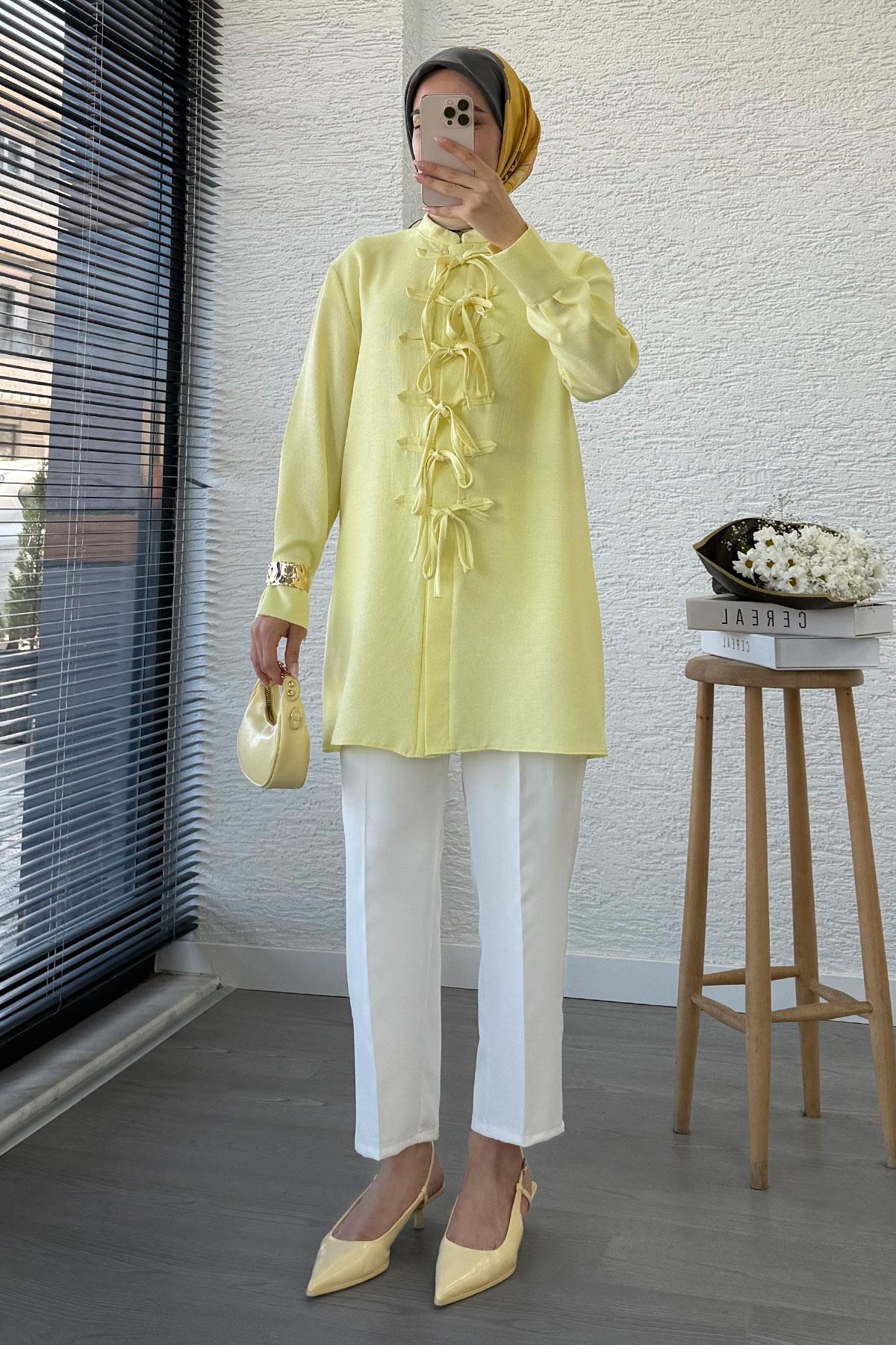 Önü Bağlama Detaylı Gofre Tunik - Sarı