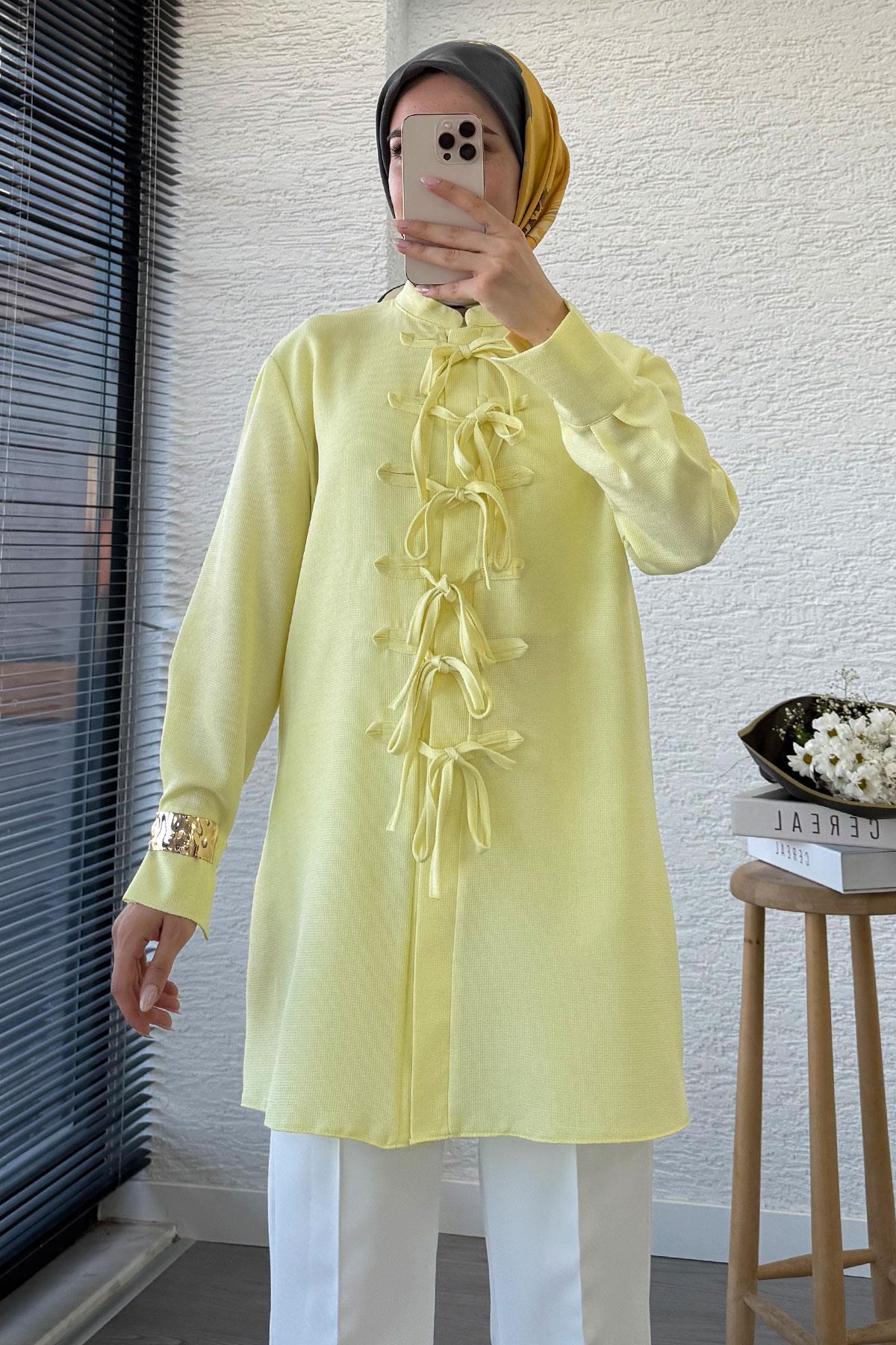 Önü Bağlama Detaylı Gofre Tunik - Sarı