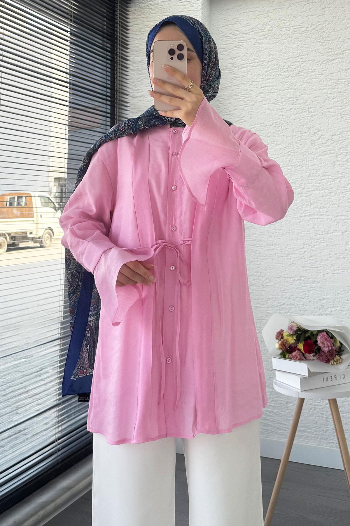 Önü Bağlamalı Vual Tunik – Pembe 