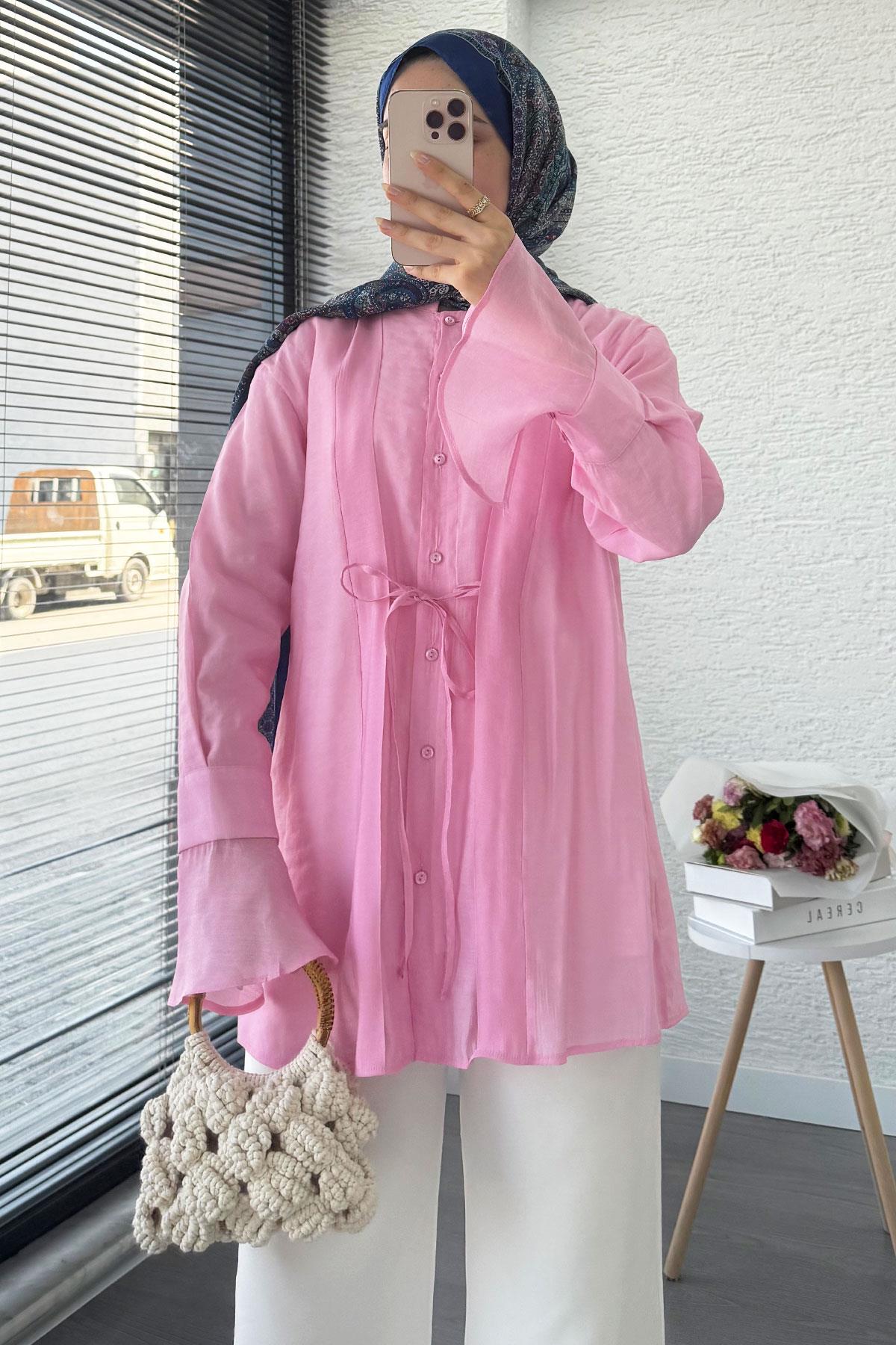 Önü Bağlamalı Vual Tunik – Pembe 