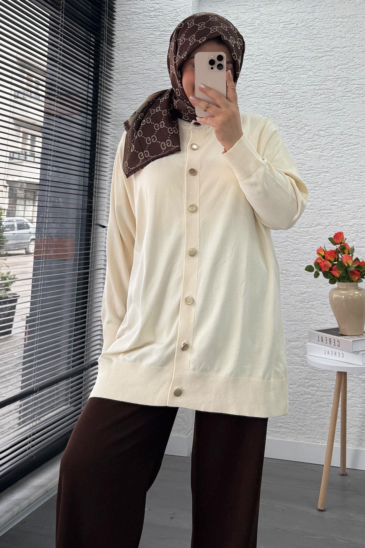 Önü Boydan Düğmeli Merserize Kadın Tunik – Ekru