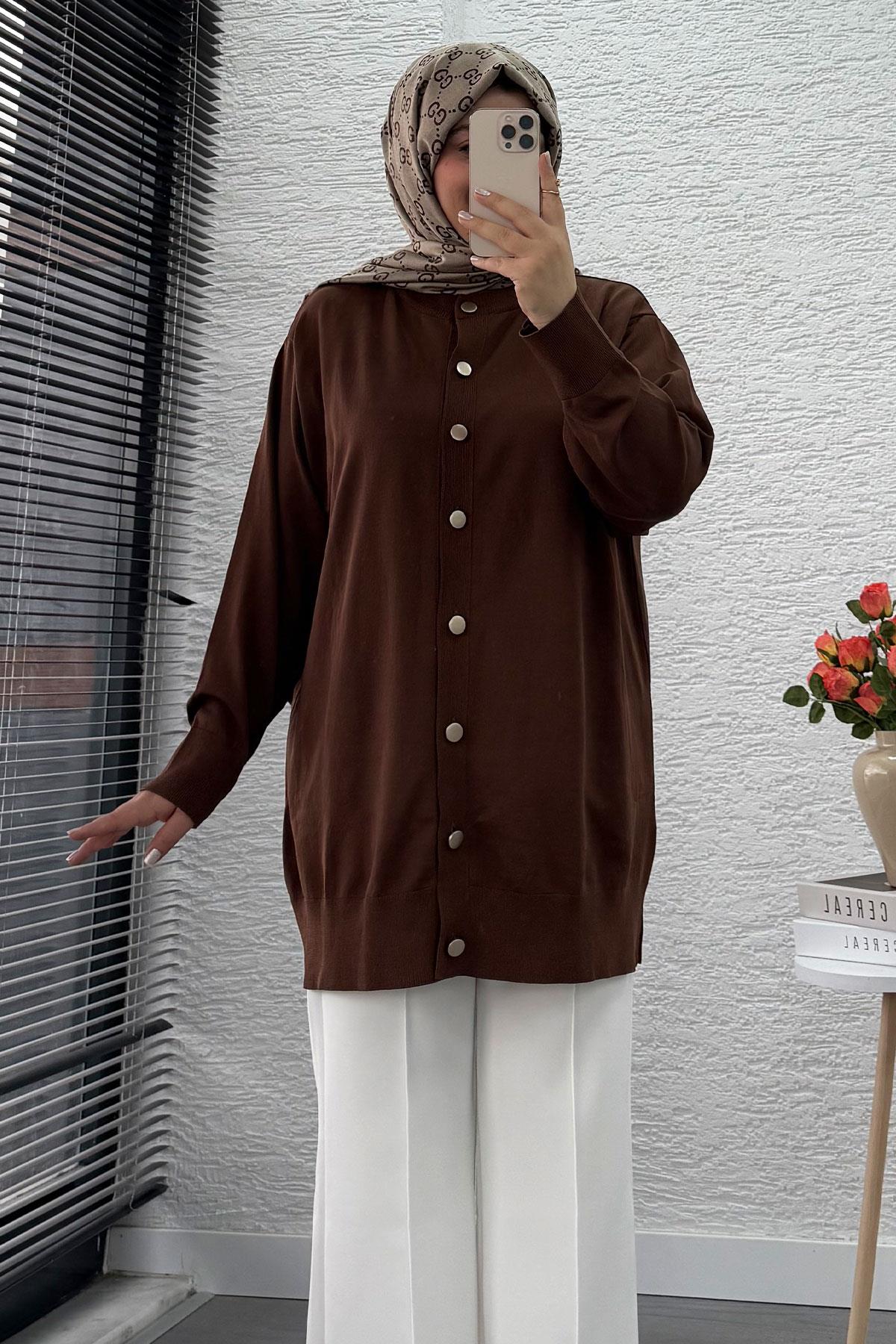 Önü Boydan Düğmeli Merserize Kadın Tunik – Kahverengi