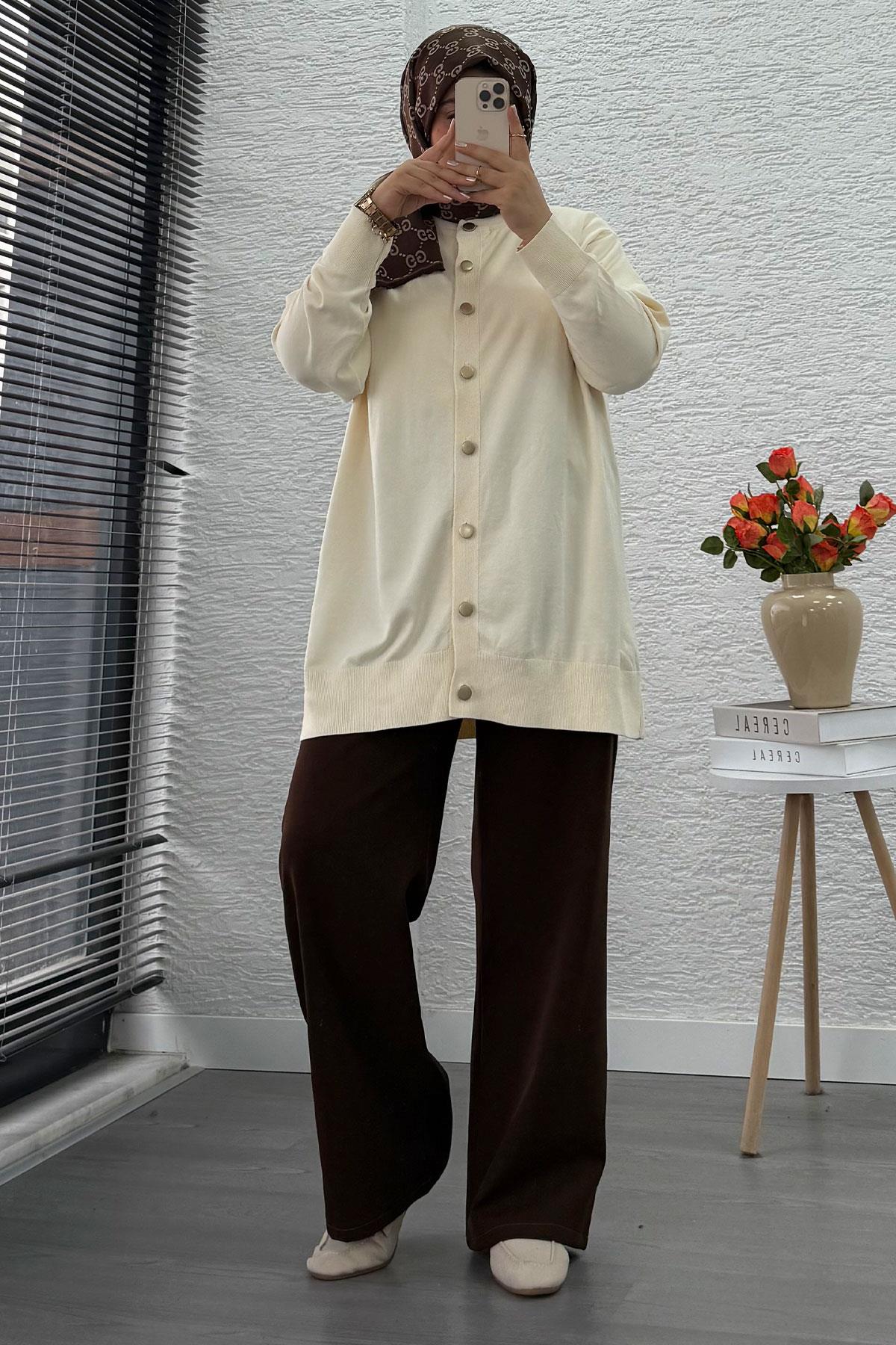 Önü Boydan Düğmeli Merserize Kadın Tunik – Ekru