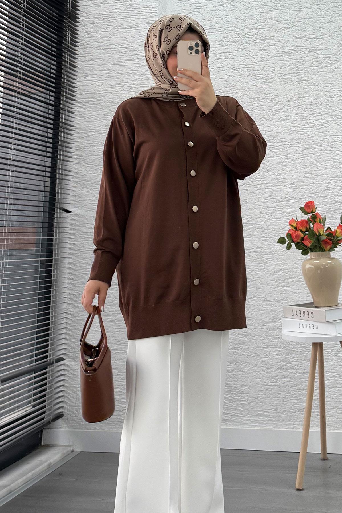 Önü Boydan Düğmeli Merserize Kadın Tunik – Kahverengi