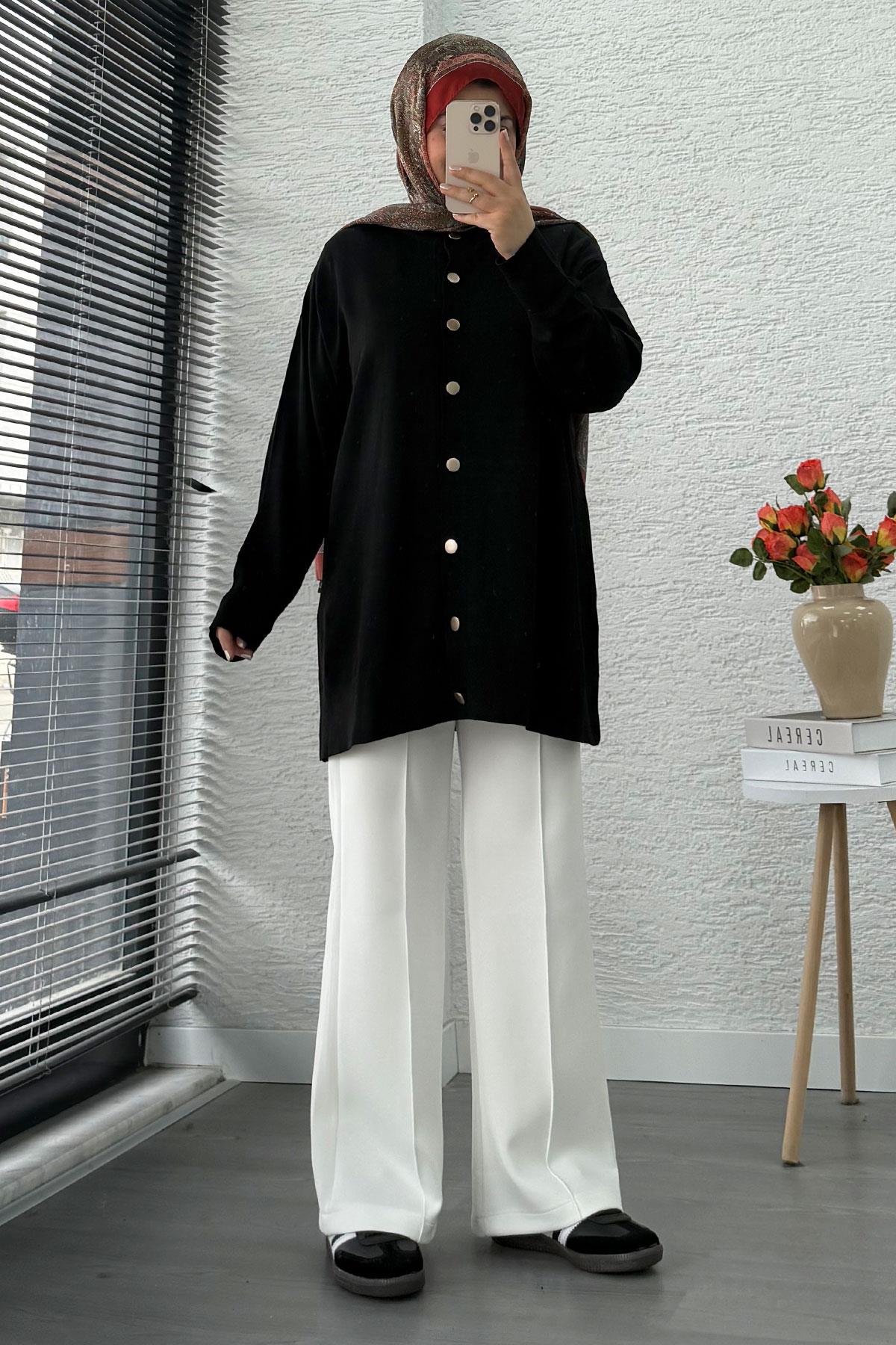 Önü Boydan Düğmeli Merserize Kadın Tunik – Siyah